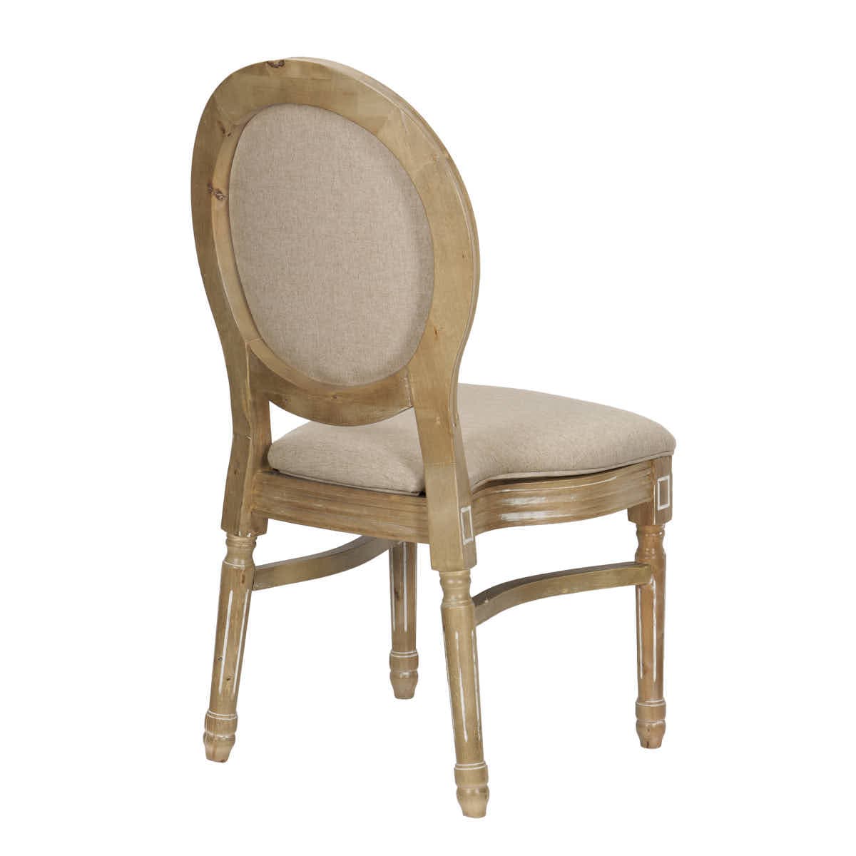 Antique Distressed Wood Louis Chair Rattan Back and Beige Tweed Fabric Seat