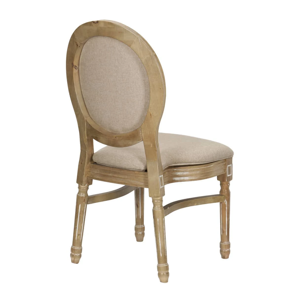 Sedia Louis antica in legno invecchiato, schienale in rattan e seduta in tessuto tweed beige