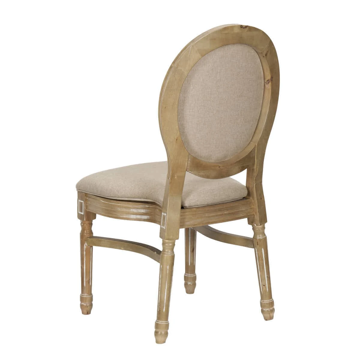 Sedia Louis antica in legno invecchiato, schienale in rattan e seduta in tessuto tweed beige