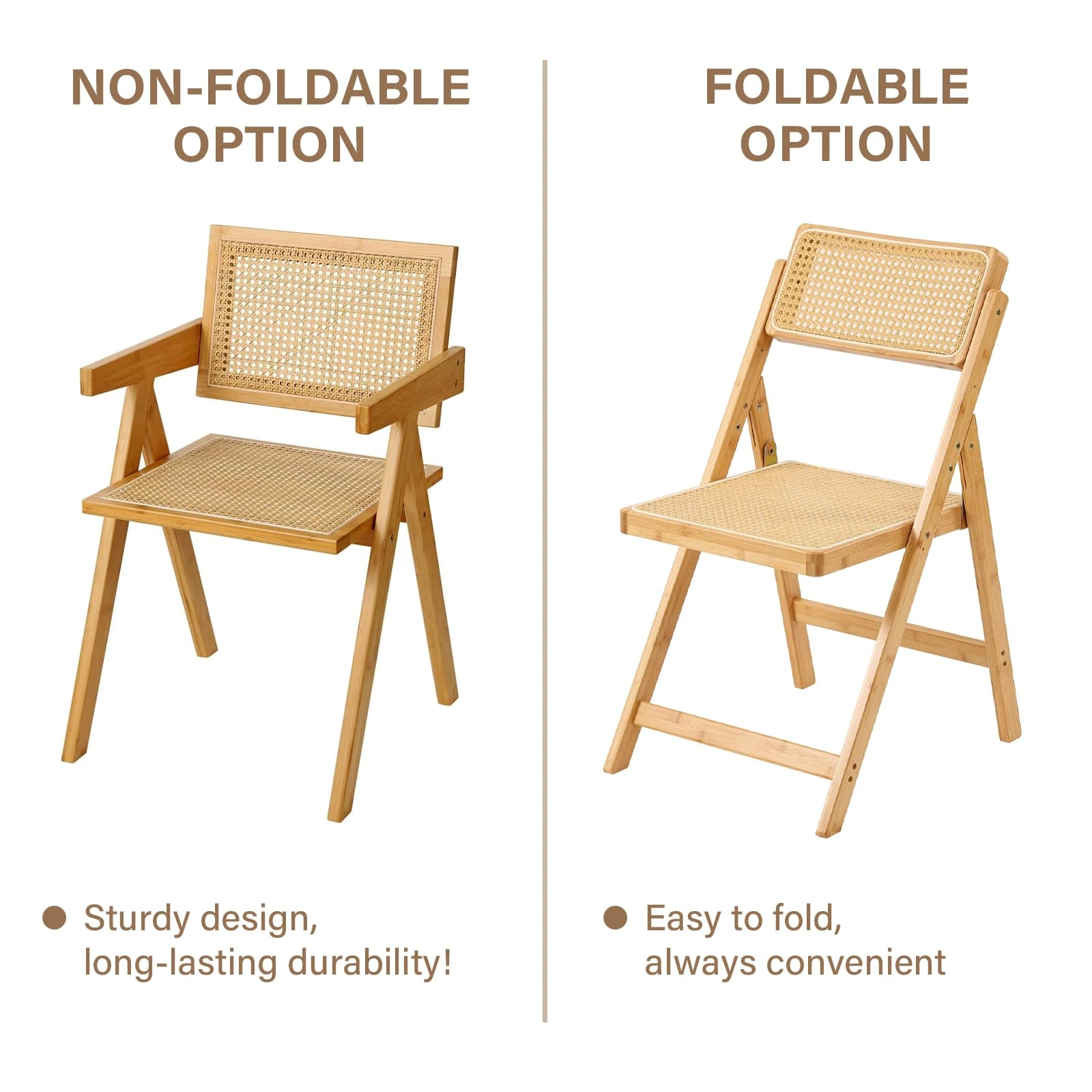 Sedia pieghevole in legno naturale con sedile e schienale in rattan