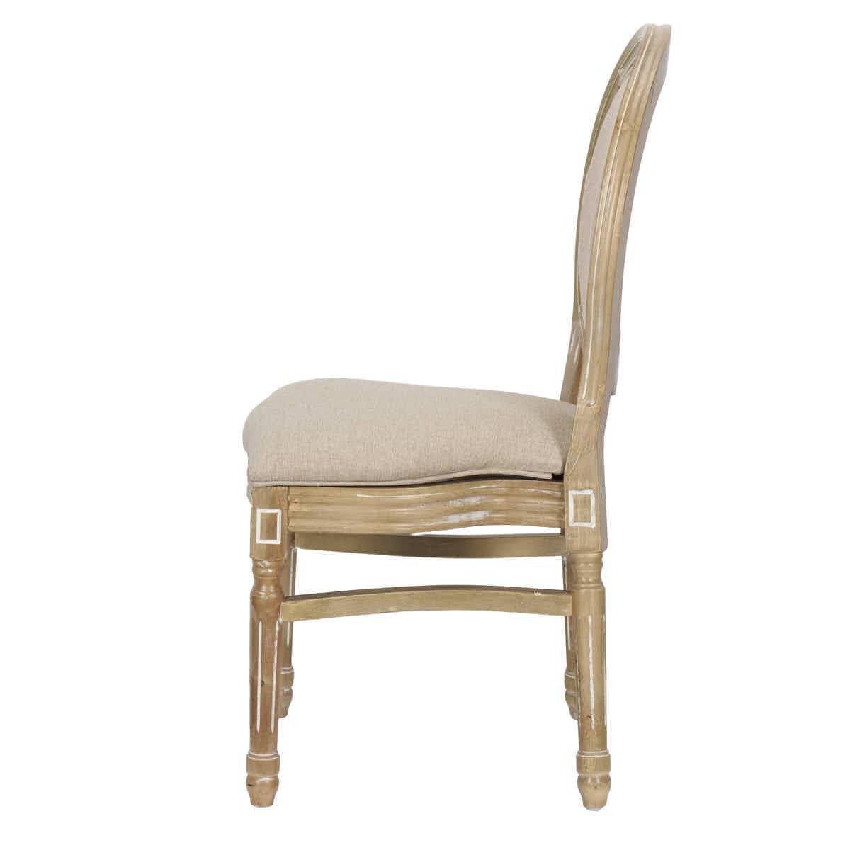 Antique Distressed Wood Louis Chair Rattan Back and Beige Tweed Fabric Seat