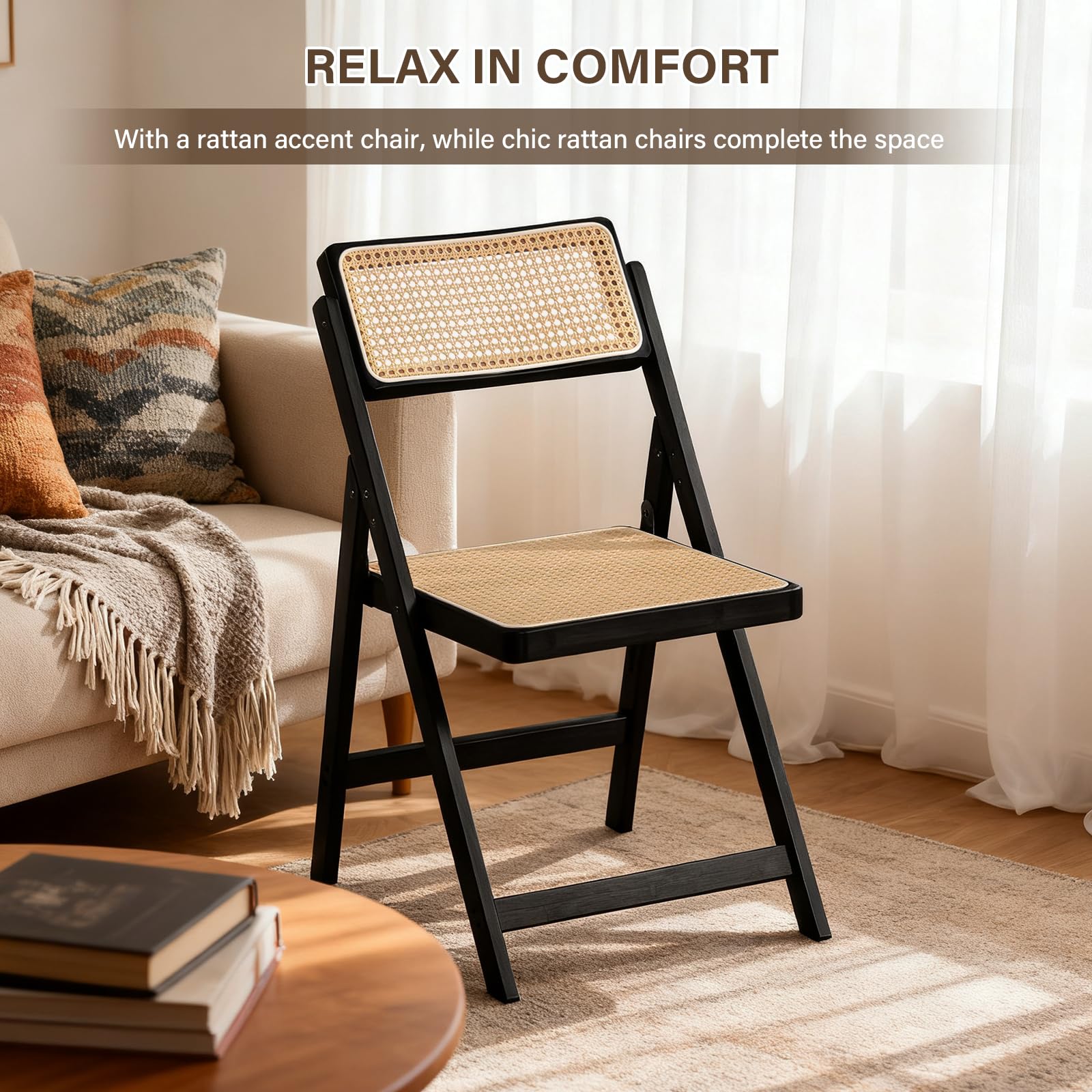 Black Wood Folding Chair with Natural Rattan Seat & Backrest