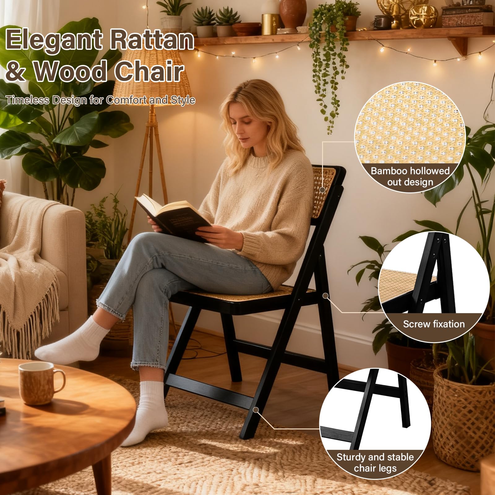 Black Wood Folding Chair with Natural Rattan Seat & Backrest