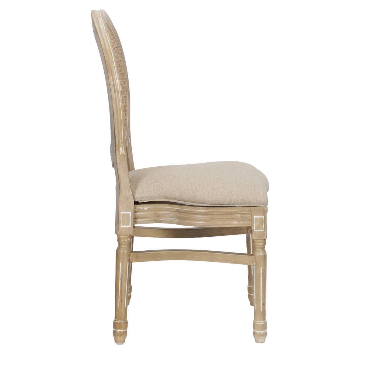 Antique Distressed Wood Louis Chair Beige Tweed Fabric Back and Seat