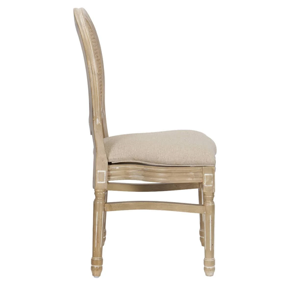 Sedia Louis antica in legno invecchiato, schienale e sedile in tessuto tweed beige