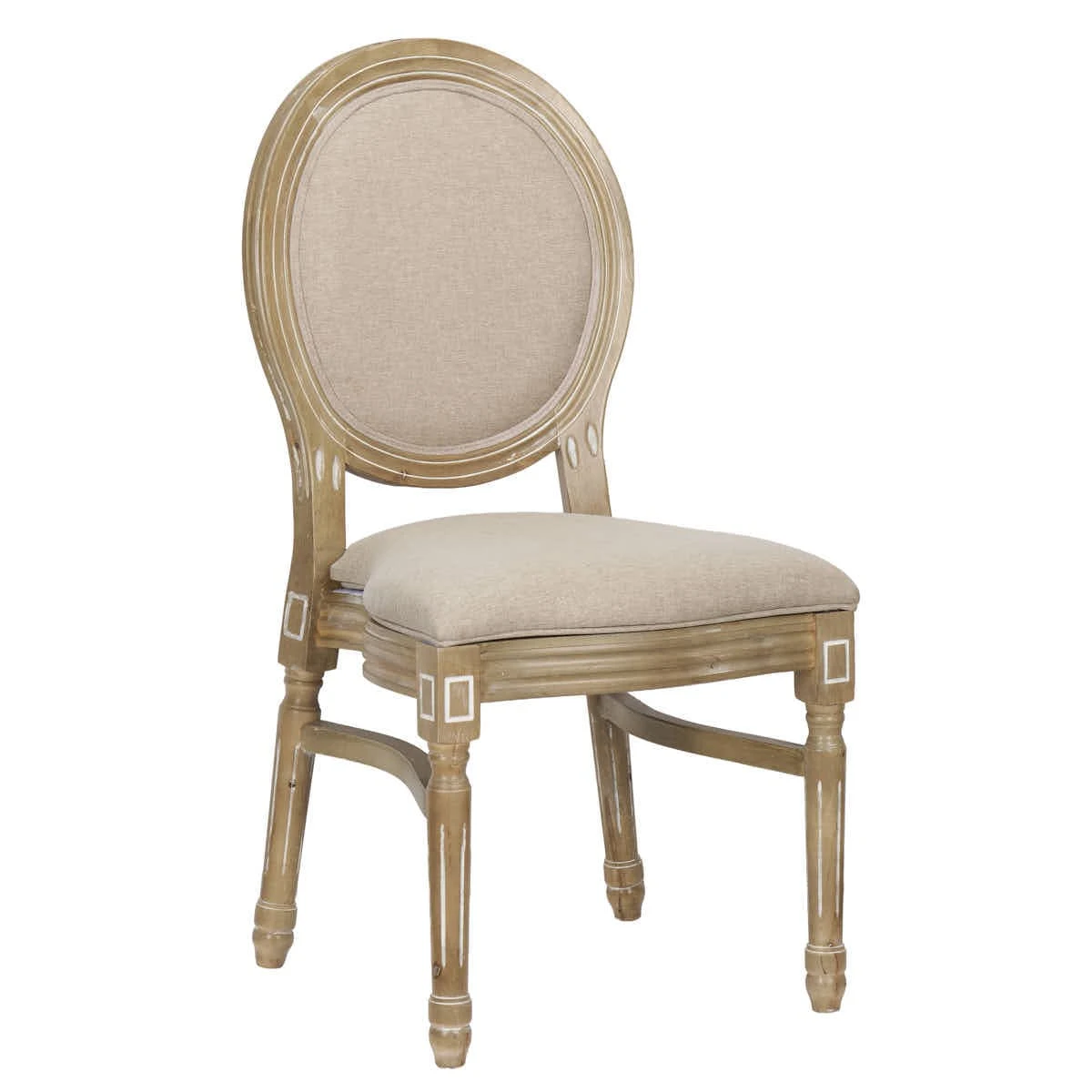 Sedia Louis antica in legno invecchiato, schienale in rattan e seduta in tessuto tweed beige