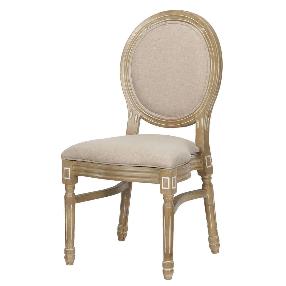 Sedia Louis antica in legno invecchiato, schienale in rattan e seduta in tessuto tweed beige