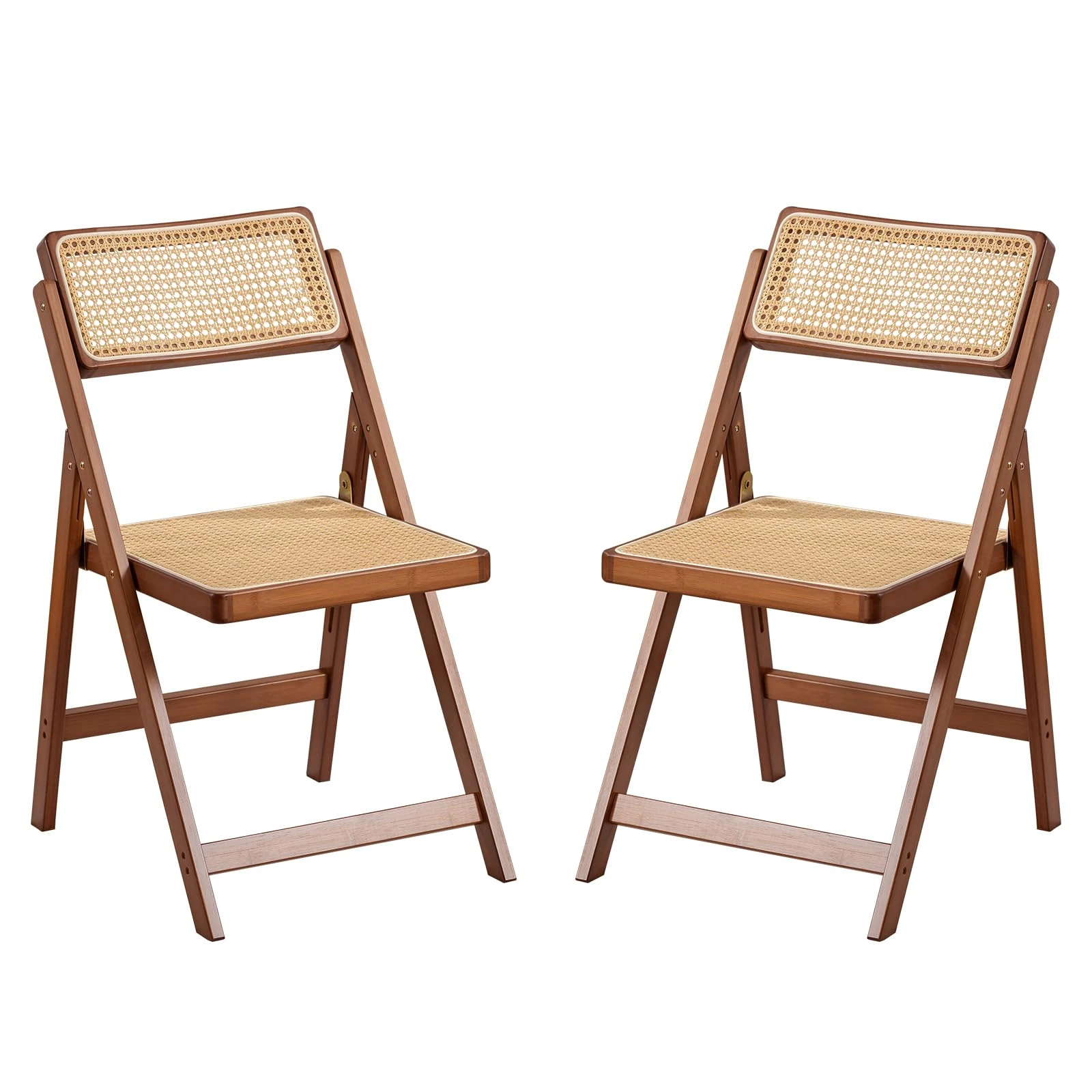 Sedia pieghevole in noce scuro con sedile e schienale in rattan