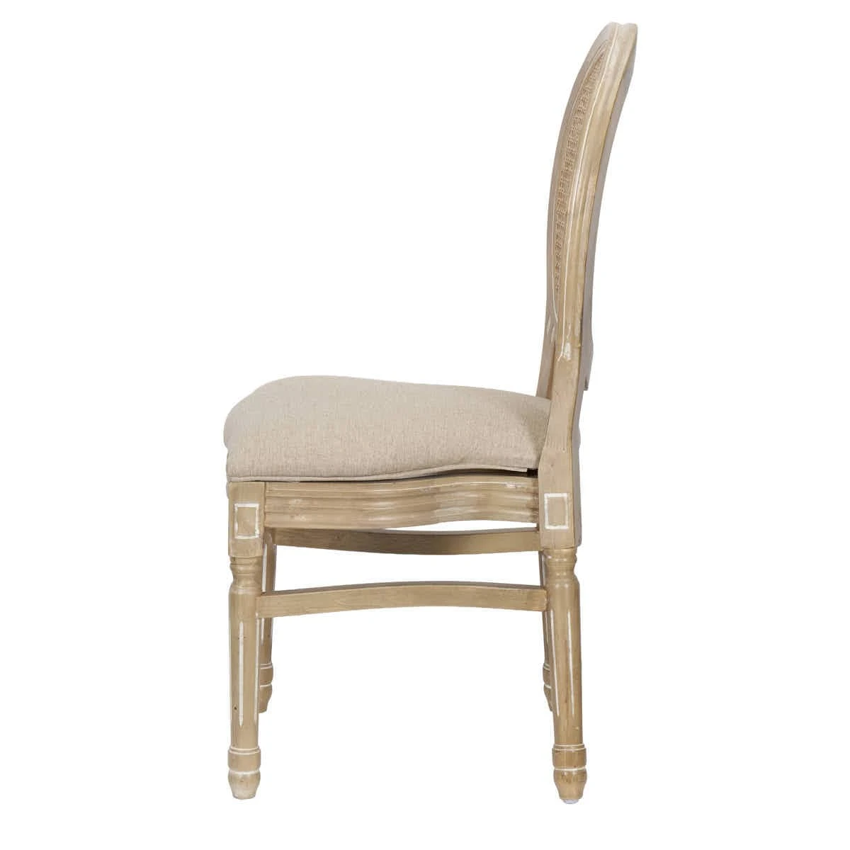 Sedia Louis antica in legno invecchiato, schienale e sedile in tessuto tweed beige