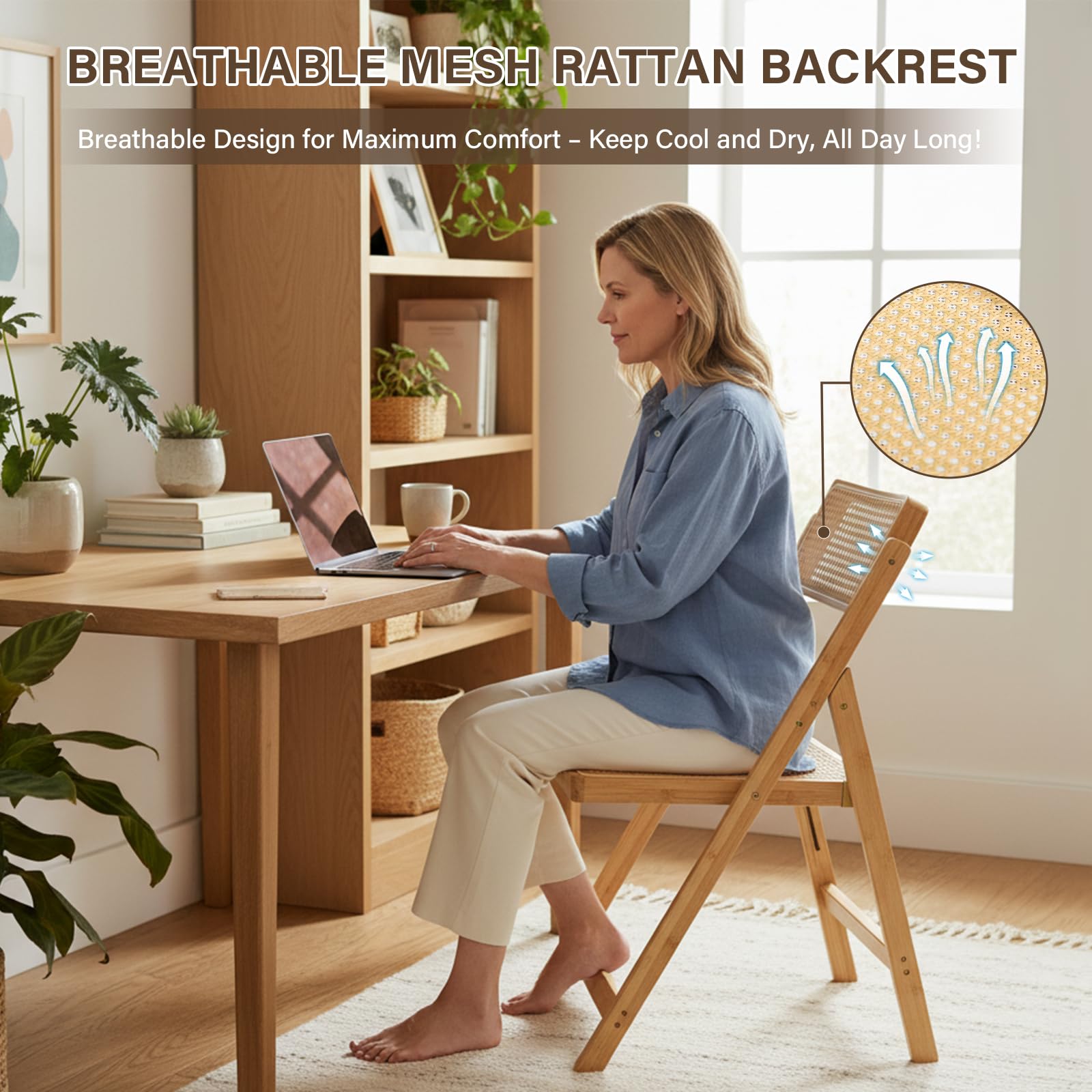 Natural Wood Folding Chair with Rattan Seat & Back