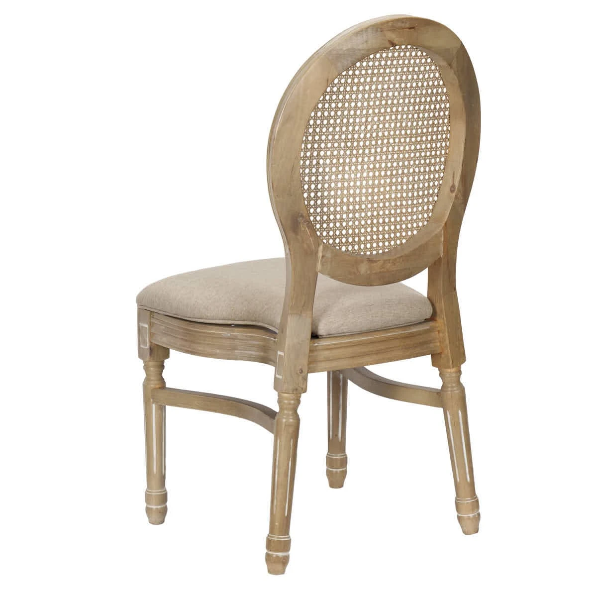 Sedia Louis antica in legno invecchiato, schienale e sedile in tessuto tweed beige