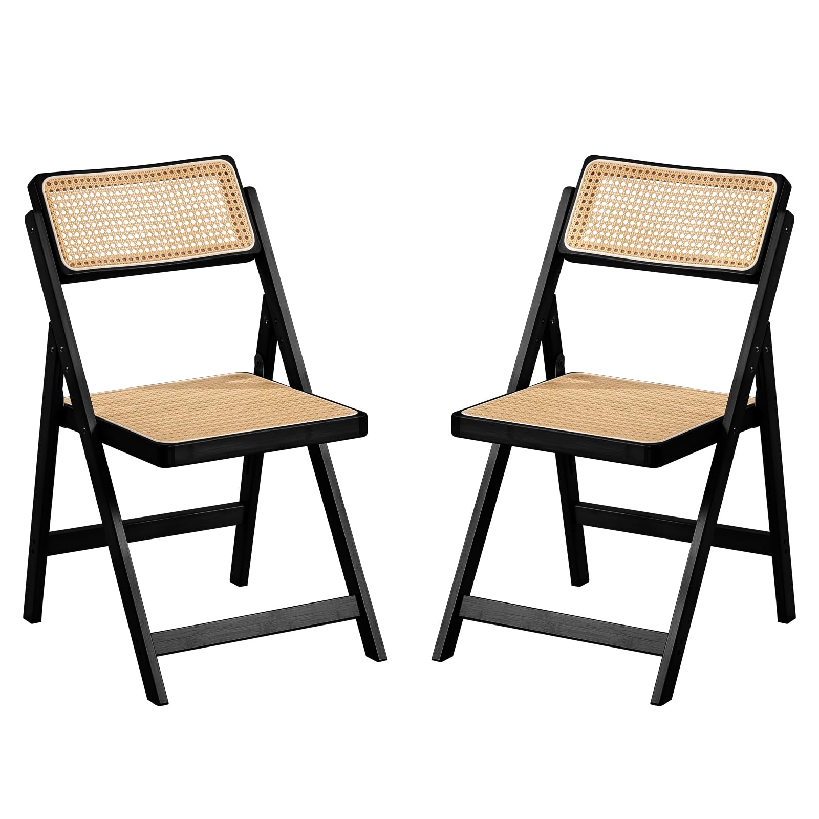 Black Wood Folding Chair with Natural Rattan Seat & Backrest