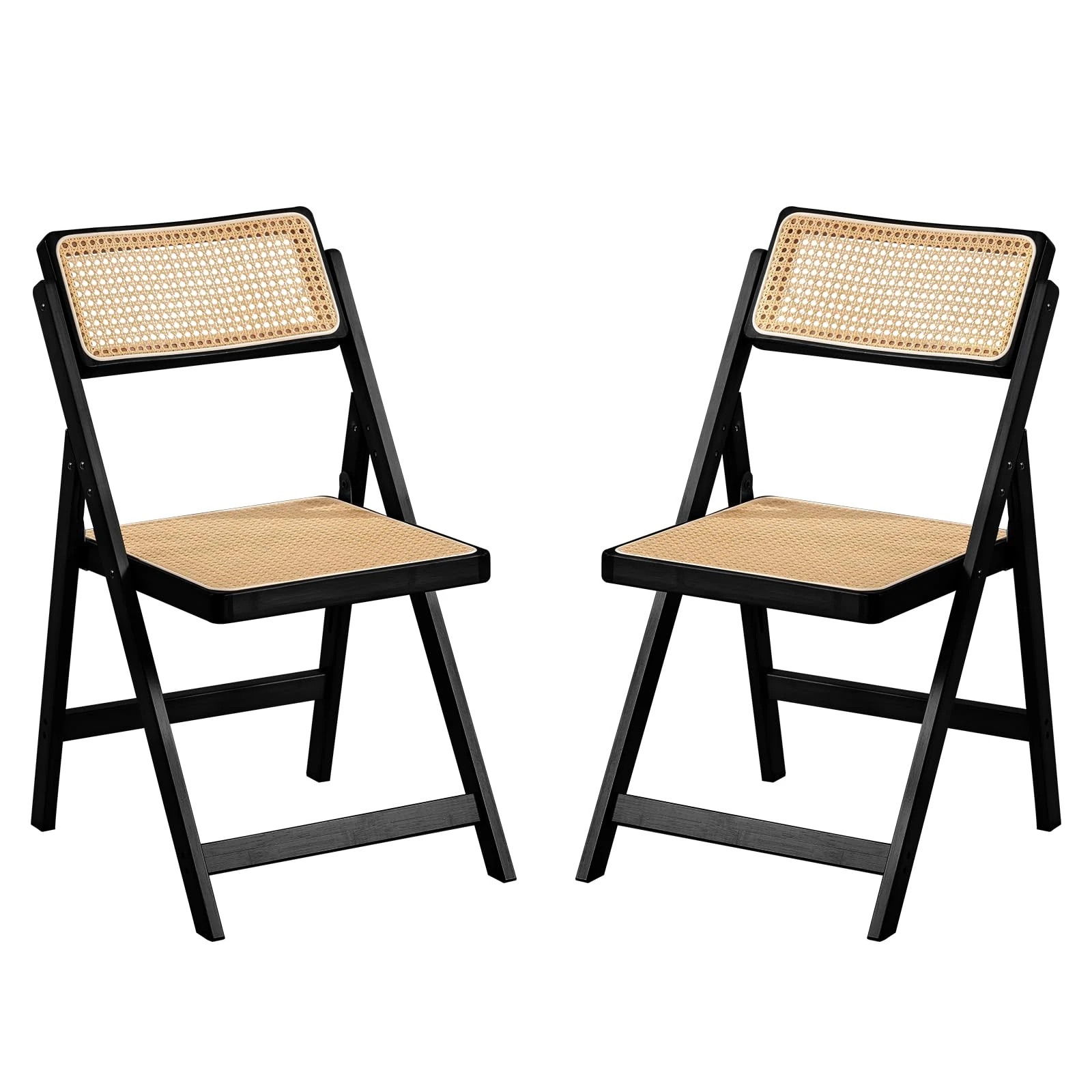 Sedia pieghevole in legno nero con sedile e schienale in rattan naturale
