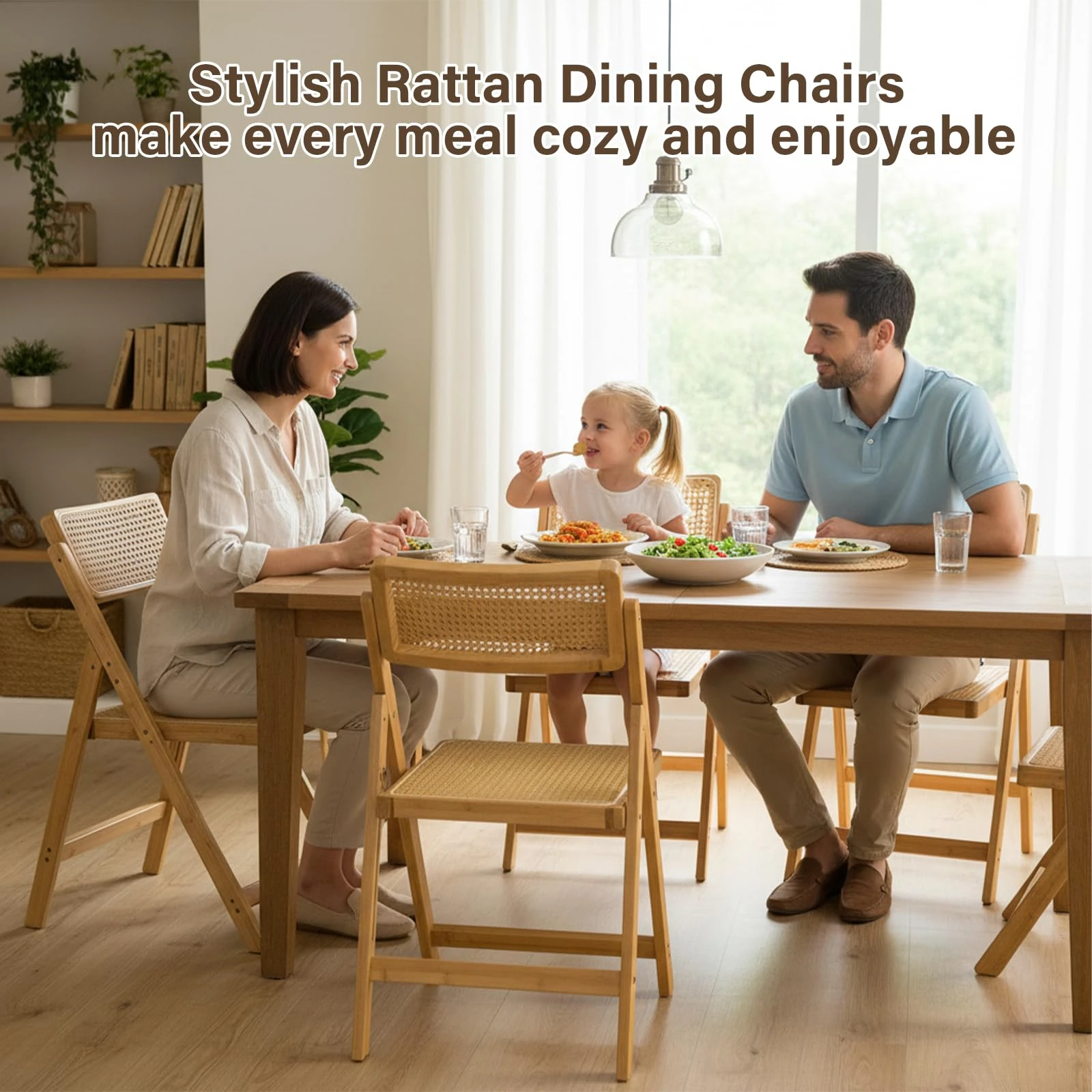 Sedia pieghevole in legno naturale con sedile e schienale in rattan