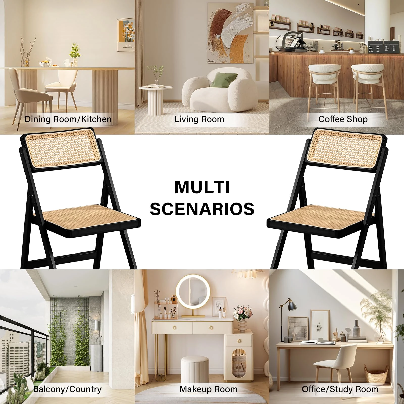 Sedia pieghevole in legno nero con sedile e schienale in rattan naturale