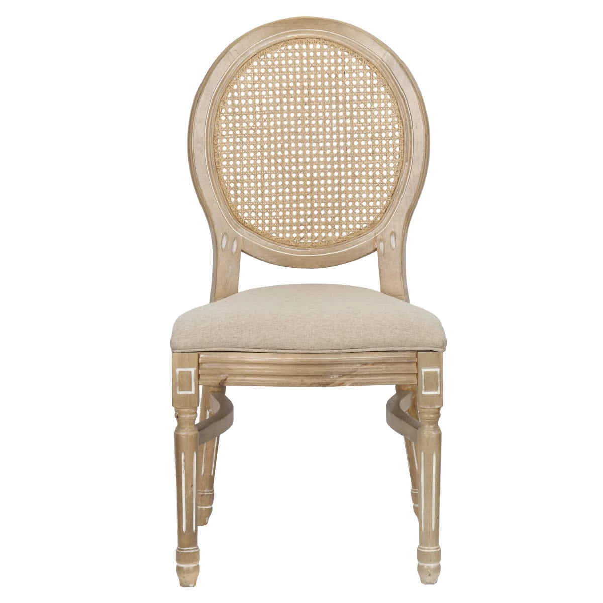 Sedia Louis antica in legno invecchiato, schienale e sedile in tessuto tweed beige