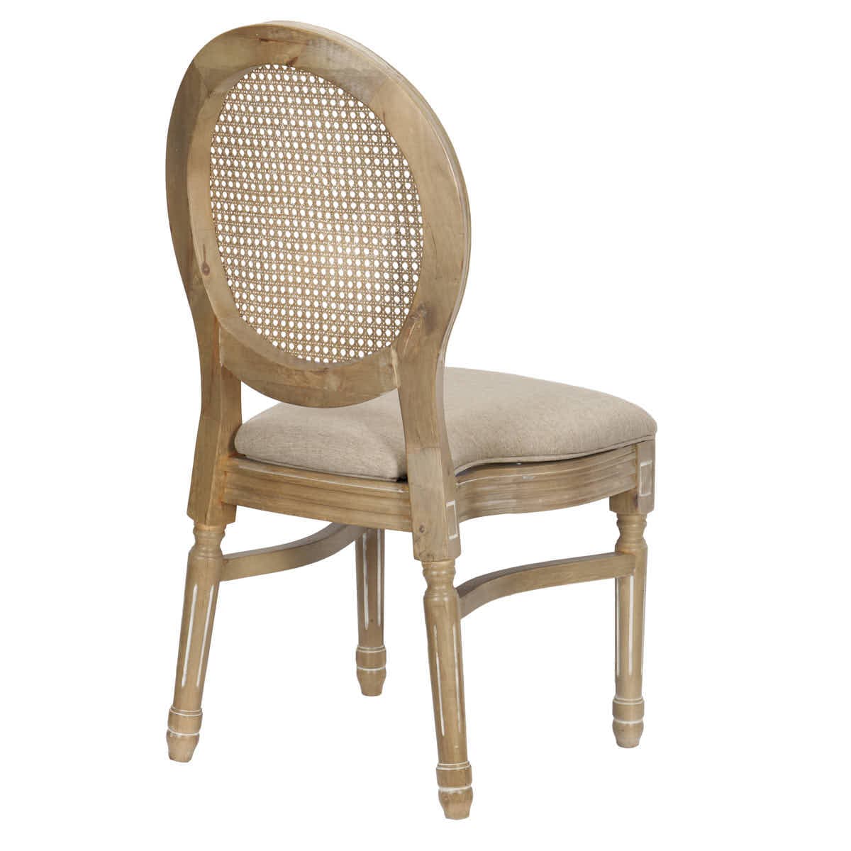 Antique Distressed Wood Louis Chair Beige Tweed Fabric Back and Seat