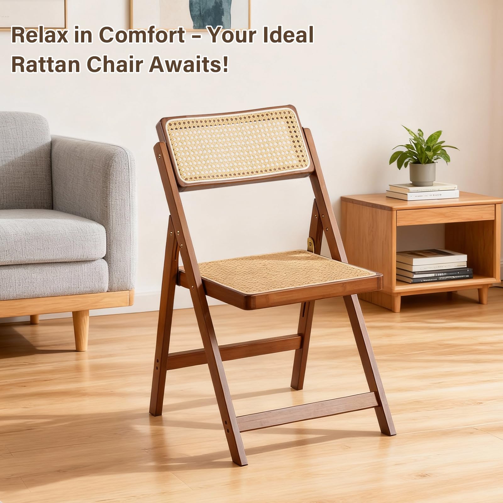 Dark Walnut Folding Chair with Rattan Seat & Back