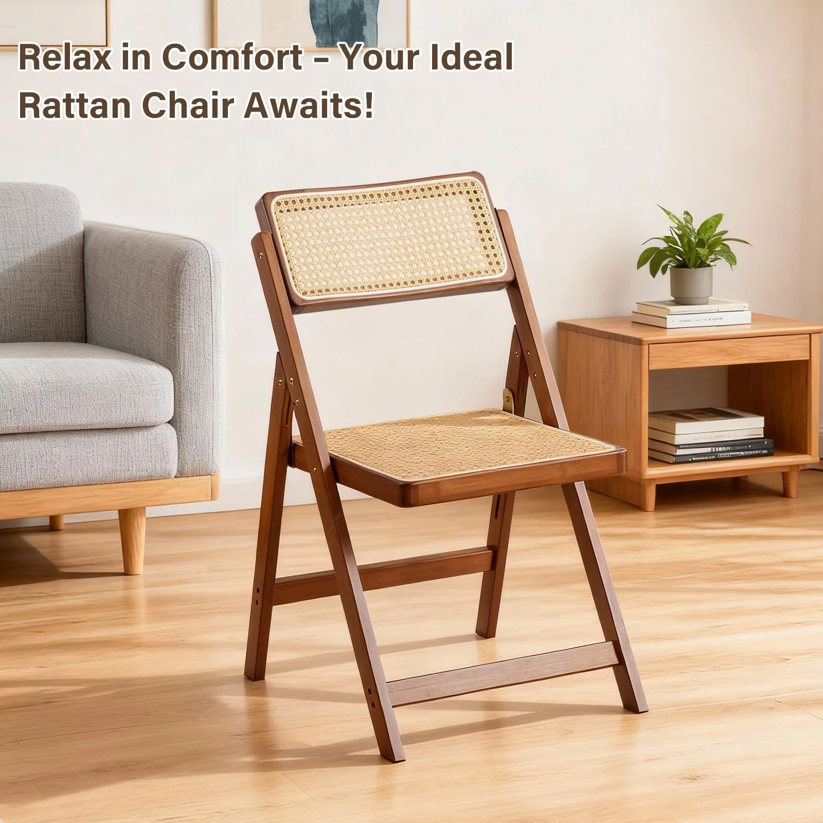Sedia pieghevole in noce scuro con sedile e schienale in rattan