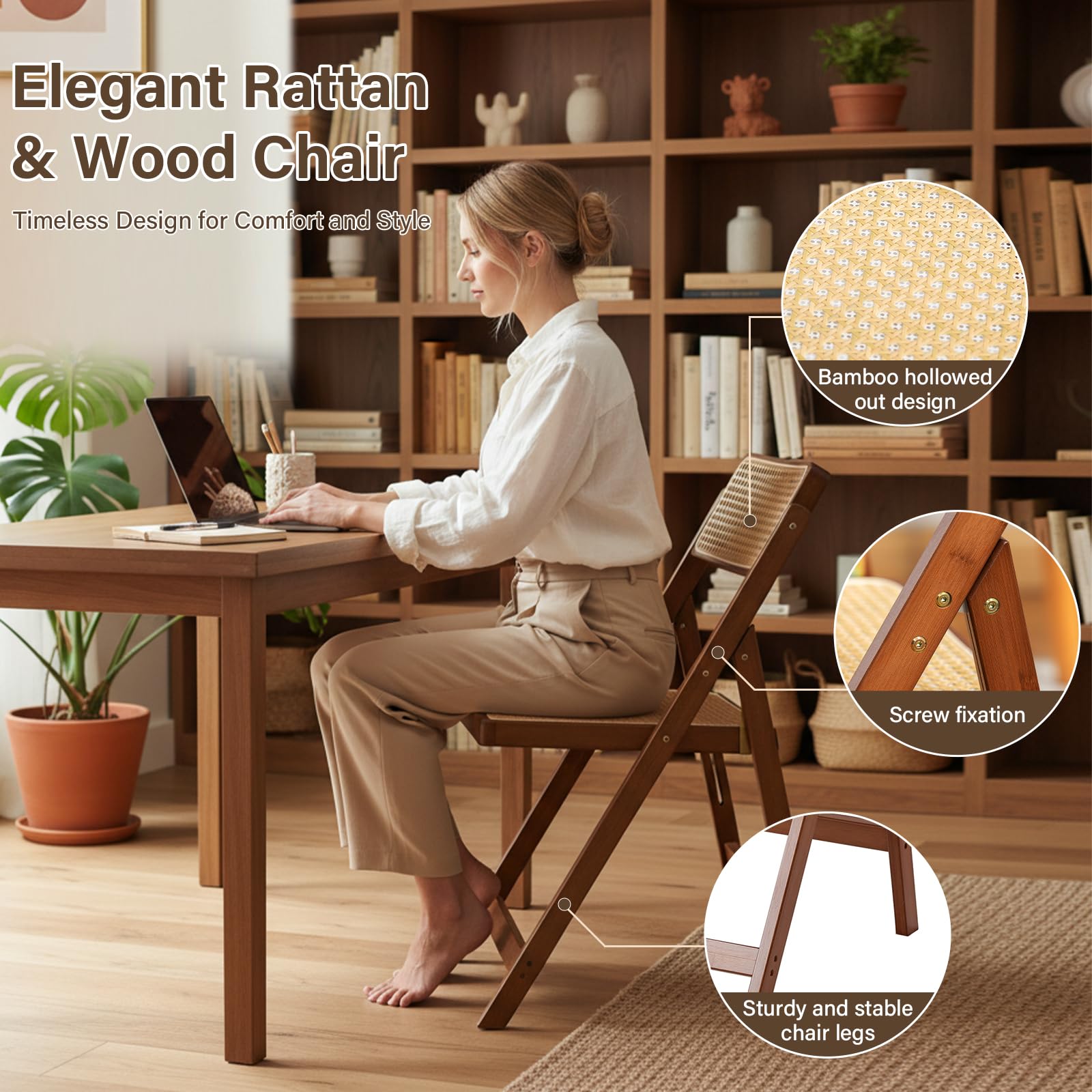 Dark Walnut Folding Chair with Rattan Seat & Back