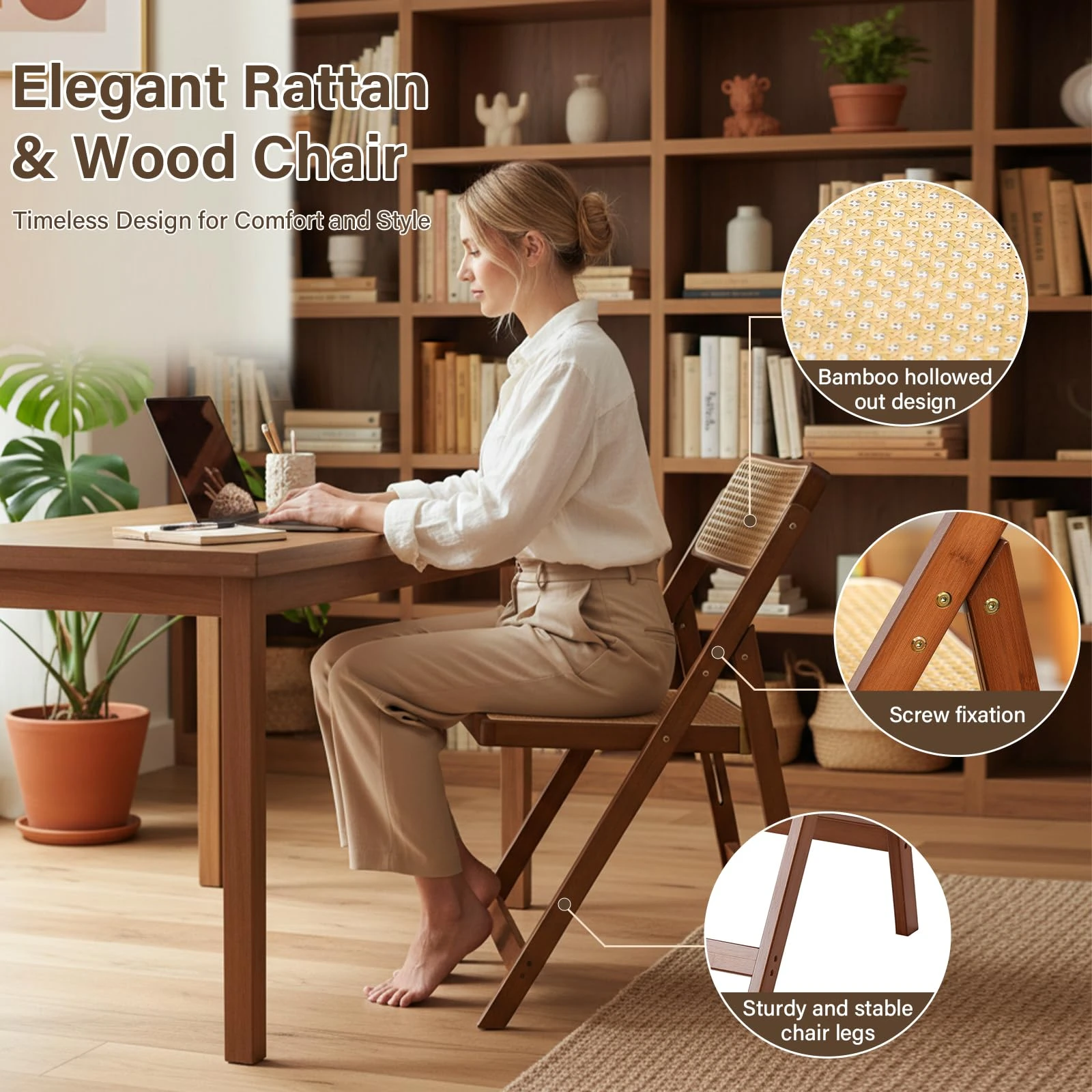 Sedia pieghevole in noce scuro con sedile e schienale in rattan