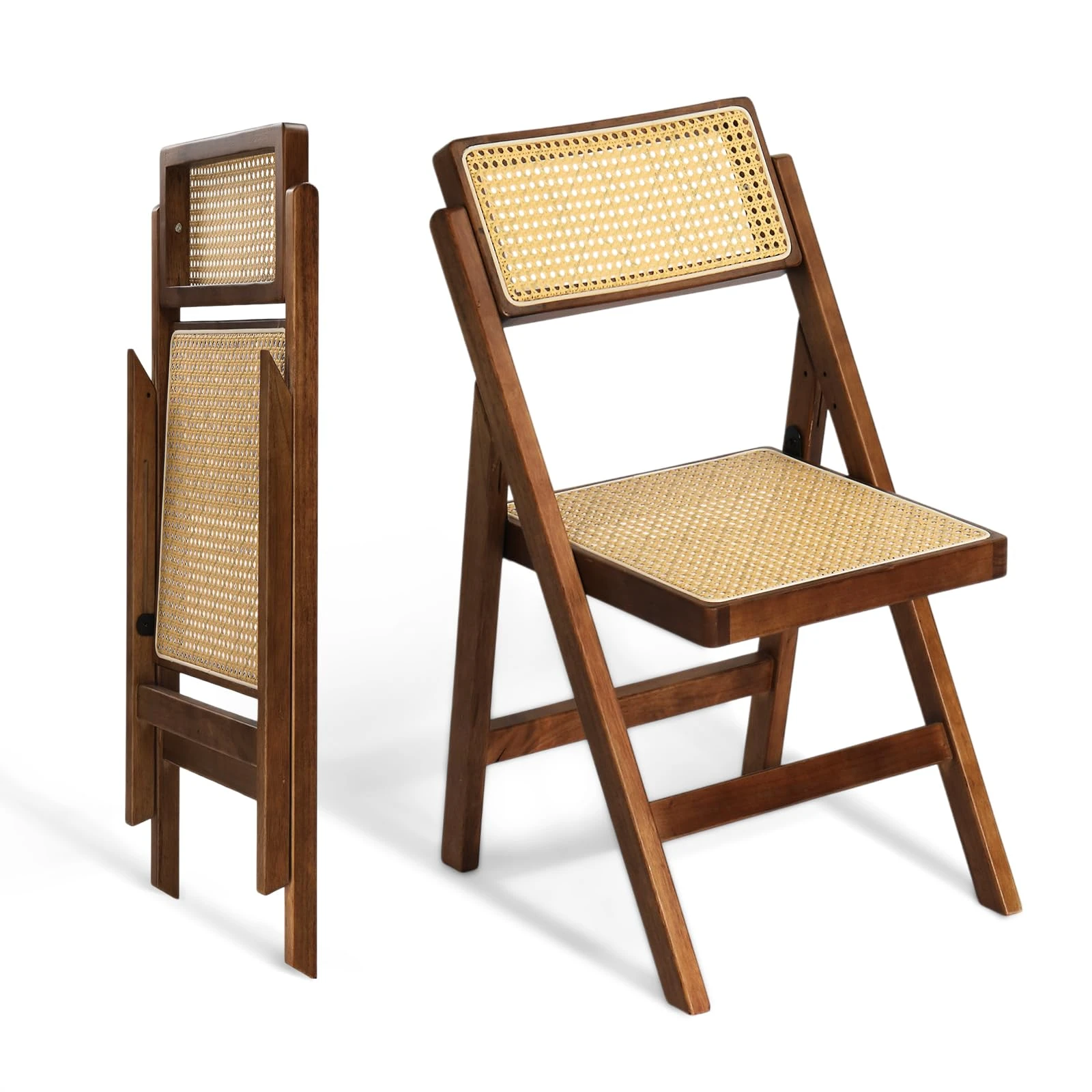 Sedia pieghevole in noce scuro con sedile e schienale in rattan