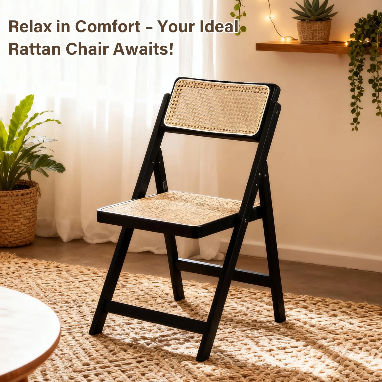 Sedia pieghevole in legno nero con sedile e schienale in rattan naturale