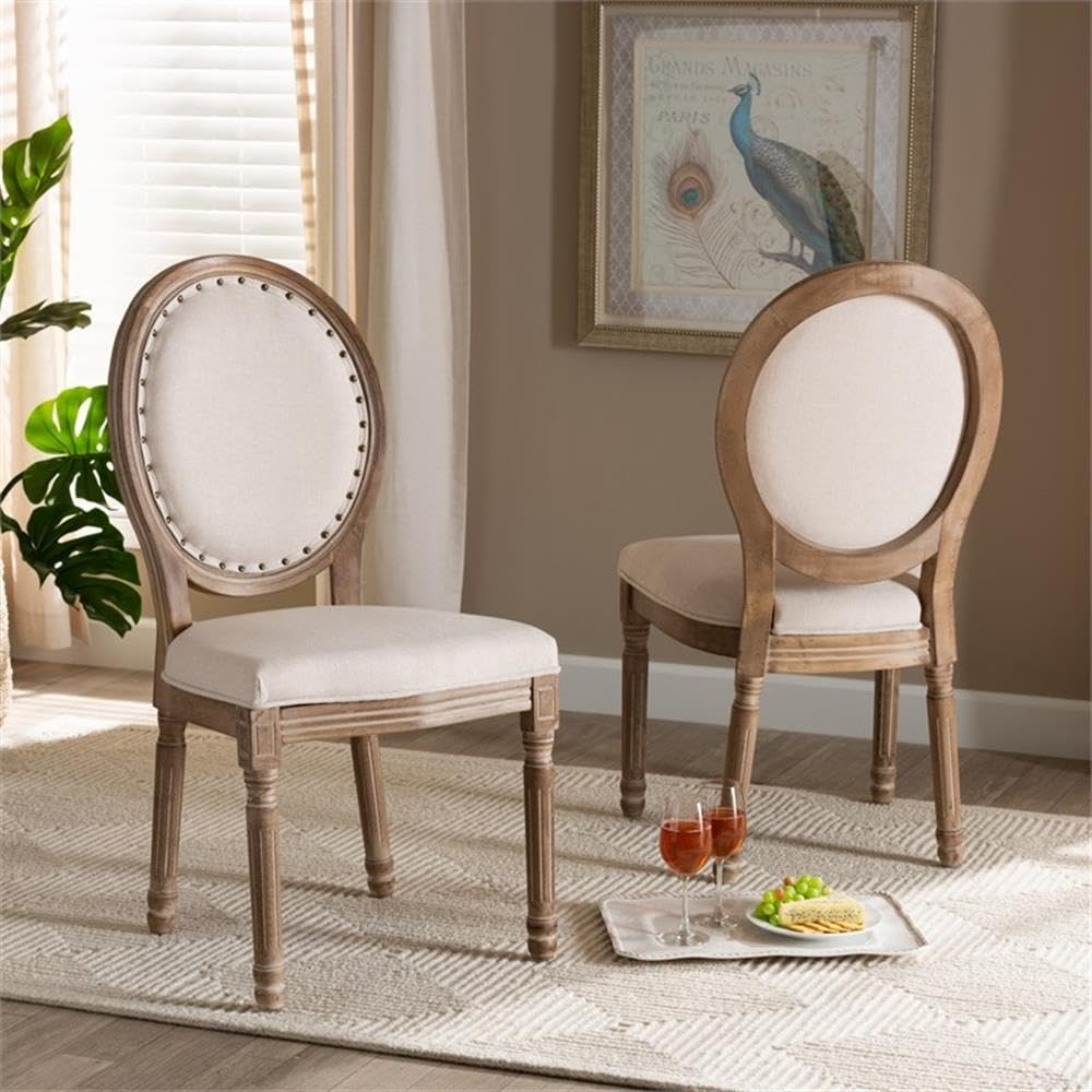 Wood Louis Chair-Beige Antique Brown Fabric