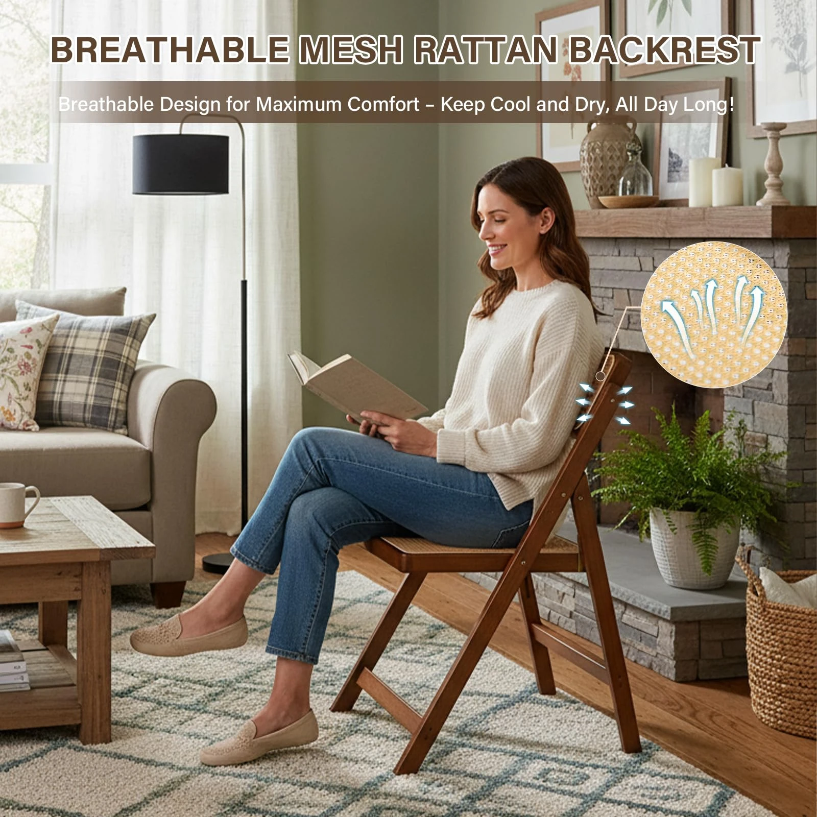 Sedia pieghevole in noce scuro con sedile e schienale in rattan