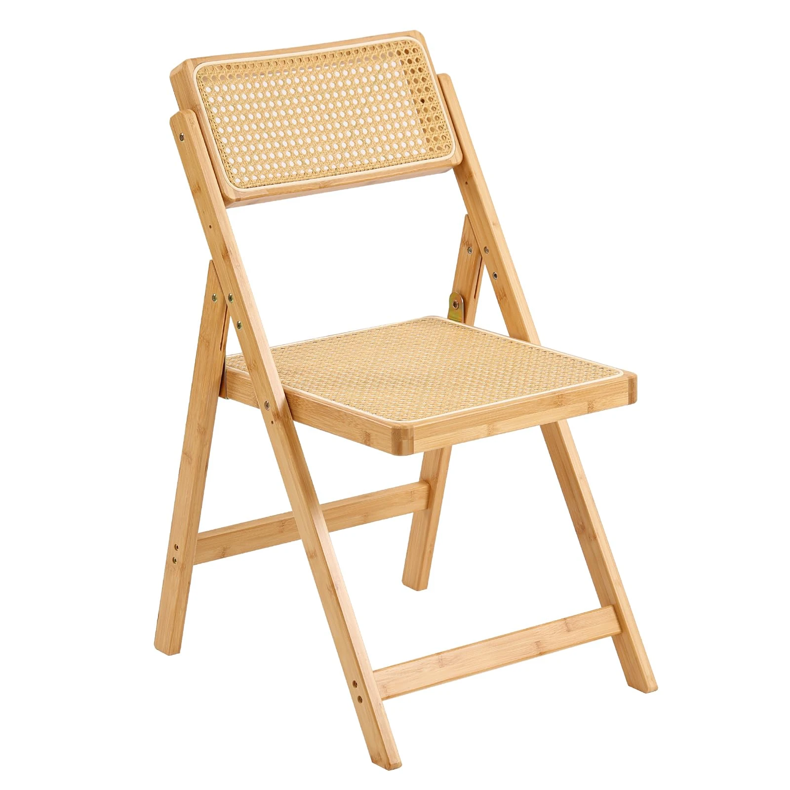Sedia pieghevole in legno naturale con sedile e schienale in rattan