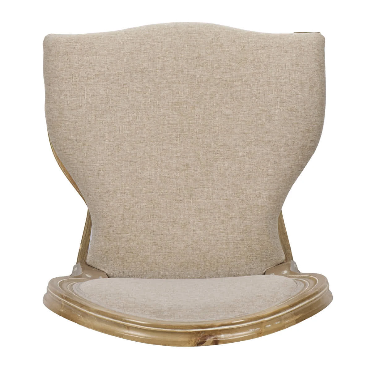 Sedia Louis antica in legno invecchiato, schienale in rattan e seduta in tessuto tweed beige