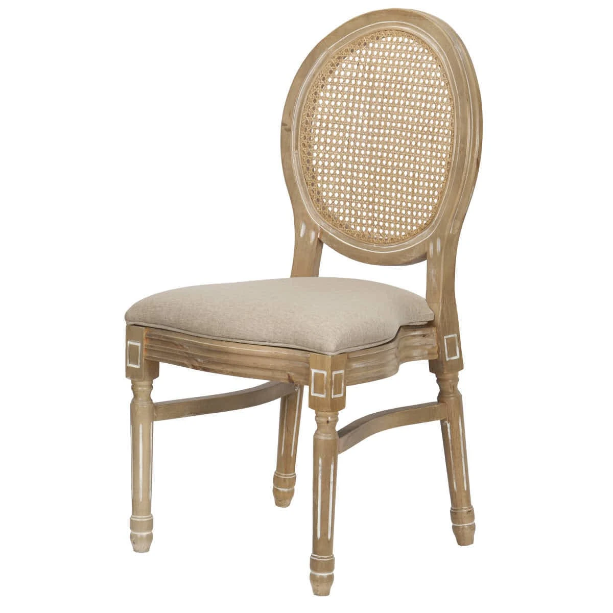 Sedia Louis antica in legno invecchiato, schienale e sedile in tessuto tweed beige