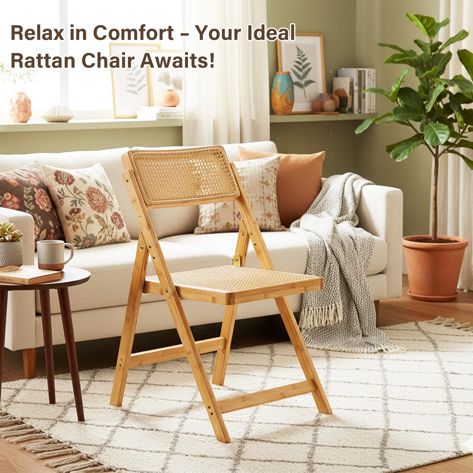Natural Wood Folding Chair with Rattan Seat & Back