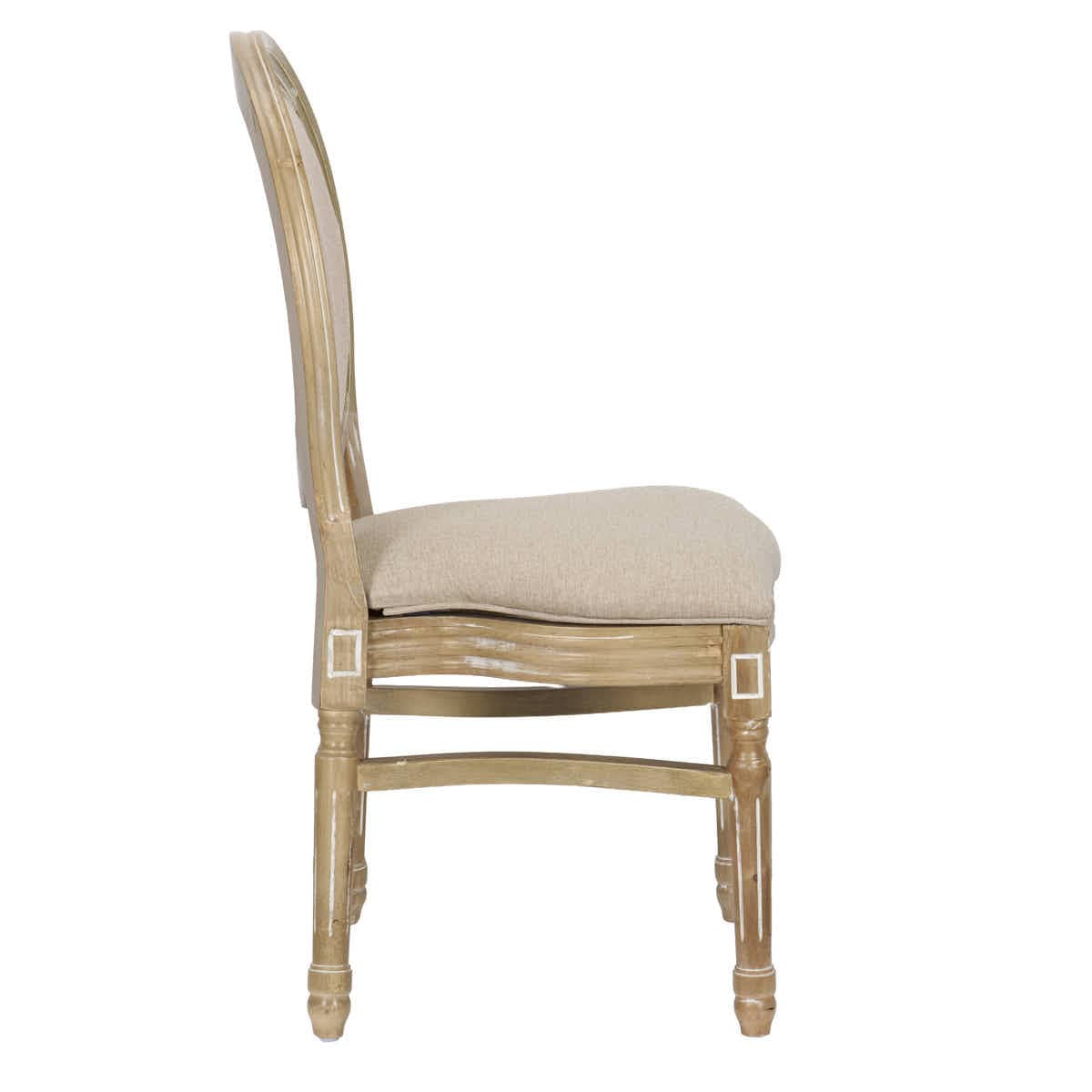 Antique Distressed Wood Louis Chair Rattan Back and Beige Tweed Fabric Seat