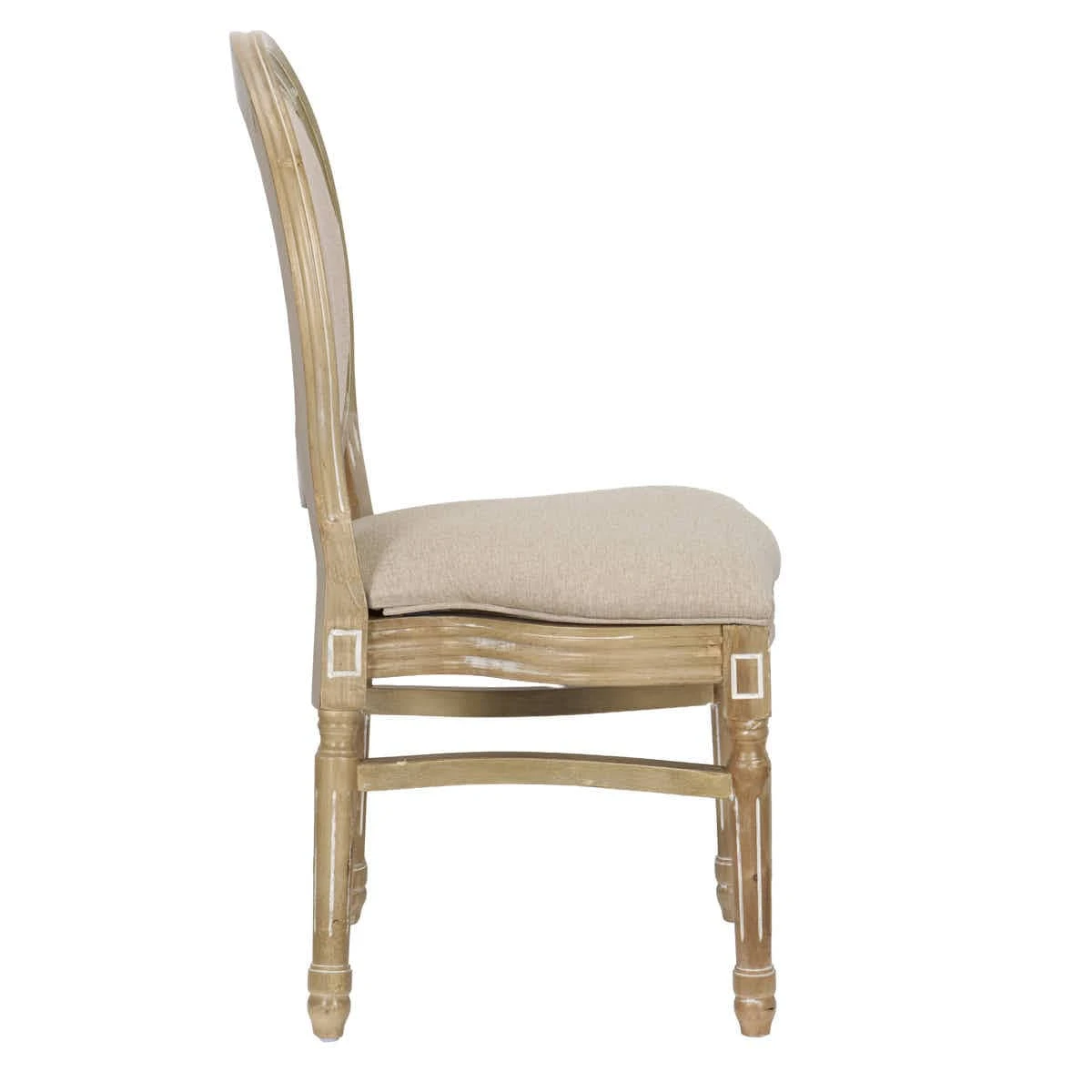 Sedia Louis antica in legno invecchiato, schienale in rattan e seduta in tessuto tweed beige
