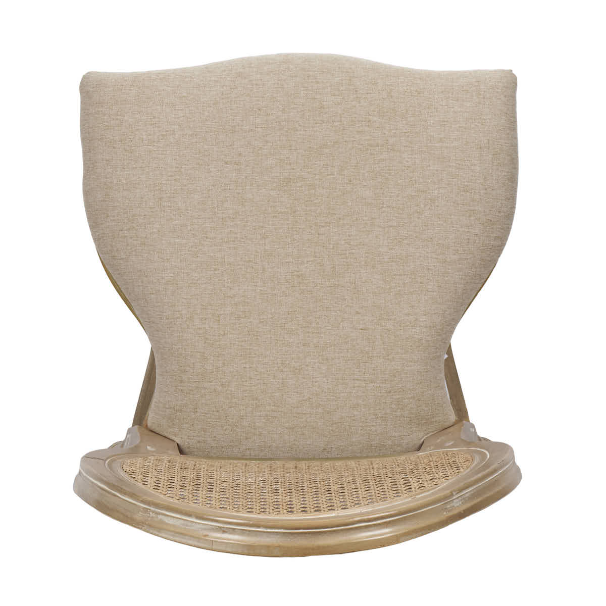 Antique Distressed Wood Louis Chair Beige Tweed Fabric Back and Seat