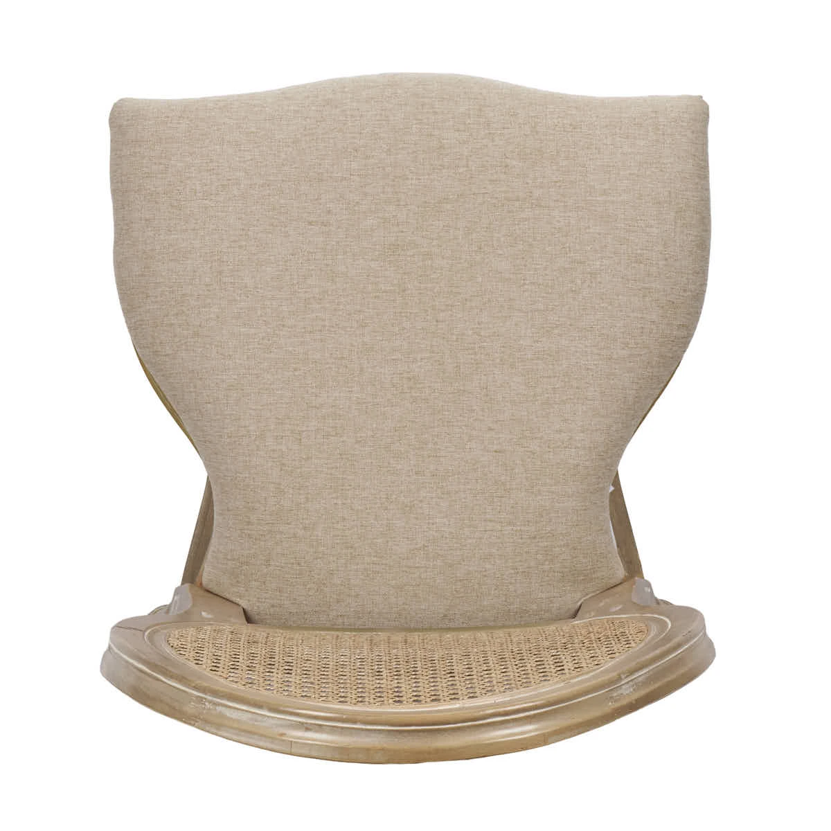 Sedia Louis antica in legno invecchiato, schienale e sedile in tessuto tweed beige