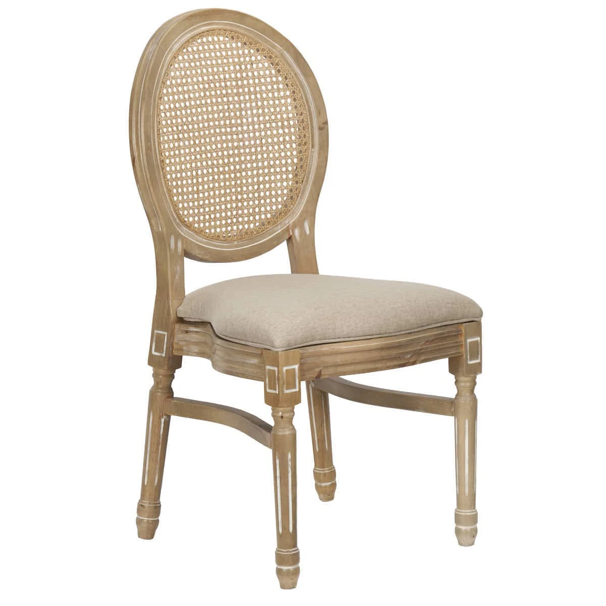 Sedia Louis antica in legno invecchiato, schienale e sedile in tessuto tweed beige