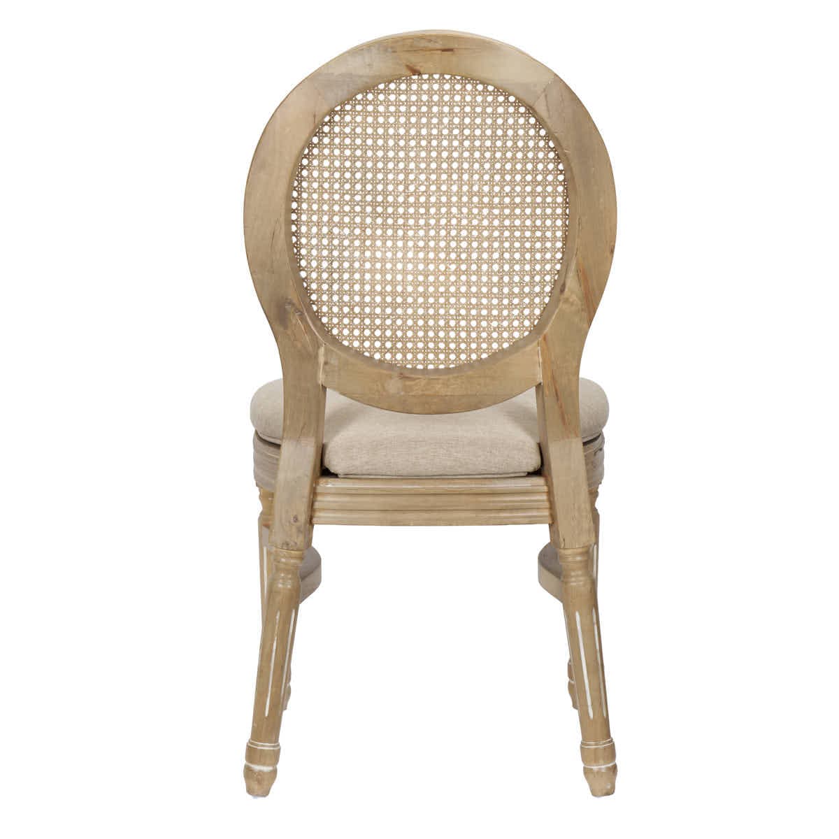Antique Distressed Wood Louis Chair Beige Tweed Fabric Back and Seat