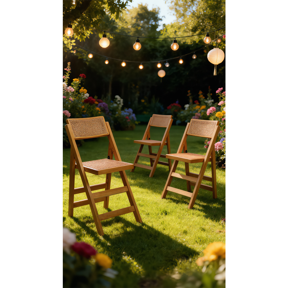 Natural Wood Folding Chair with Full Rattan Seat & Backrest