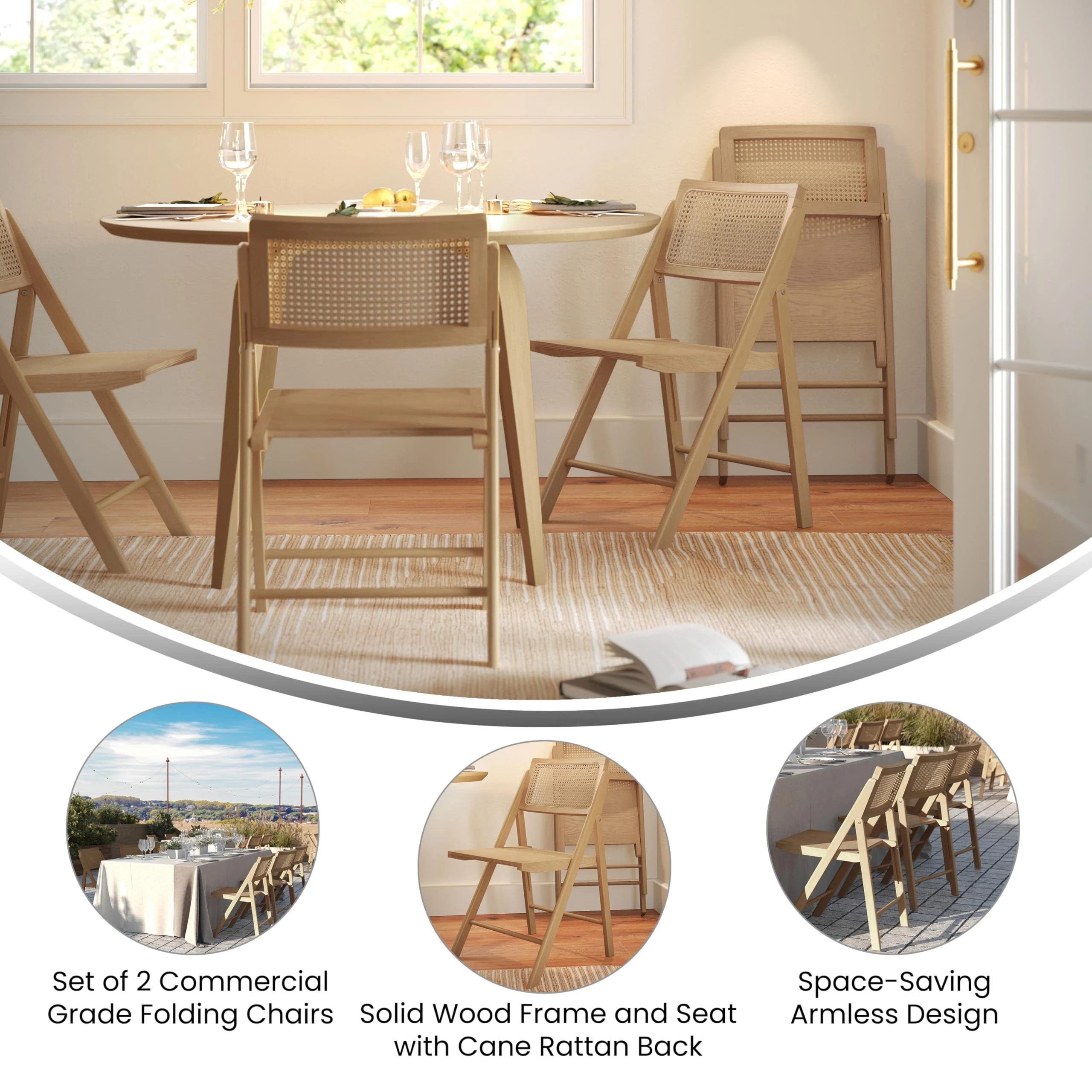 Sedia pieghevole in quercia con schienale in rattan