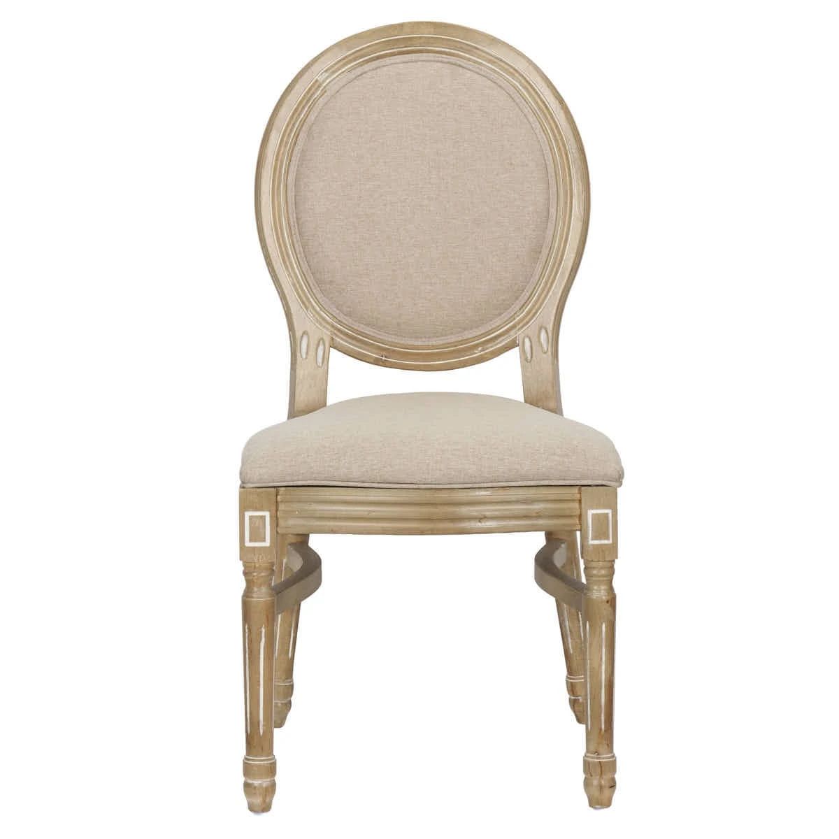 Sedia Louis antica in legno invecchiato, schienale in rattan e seduta in tessuto tweed beige
