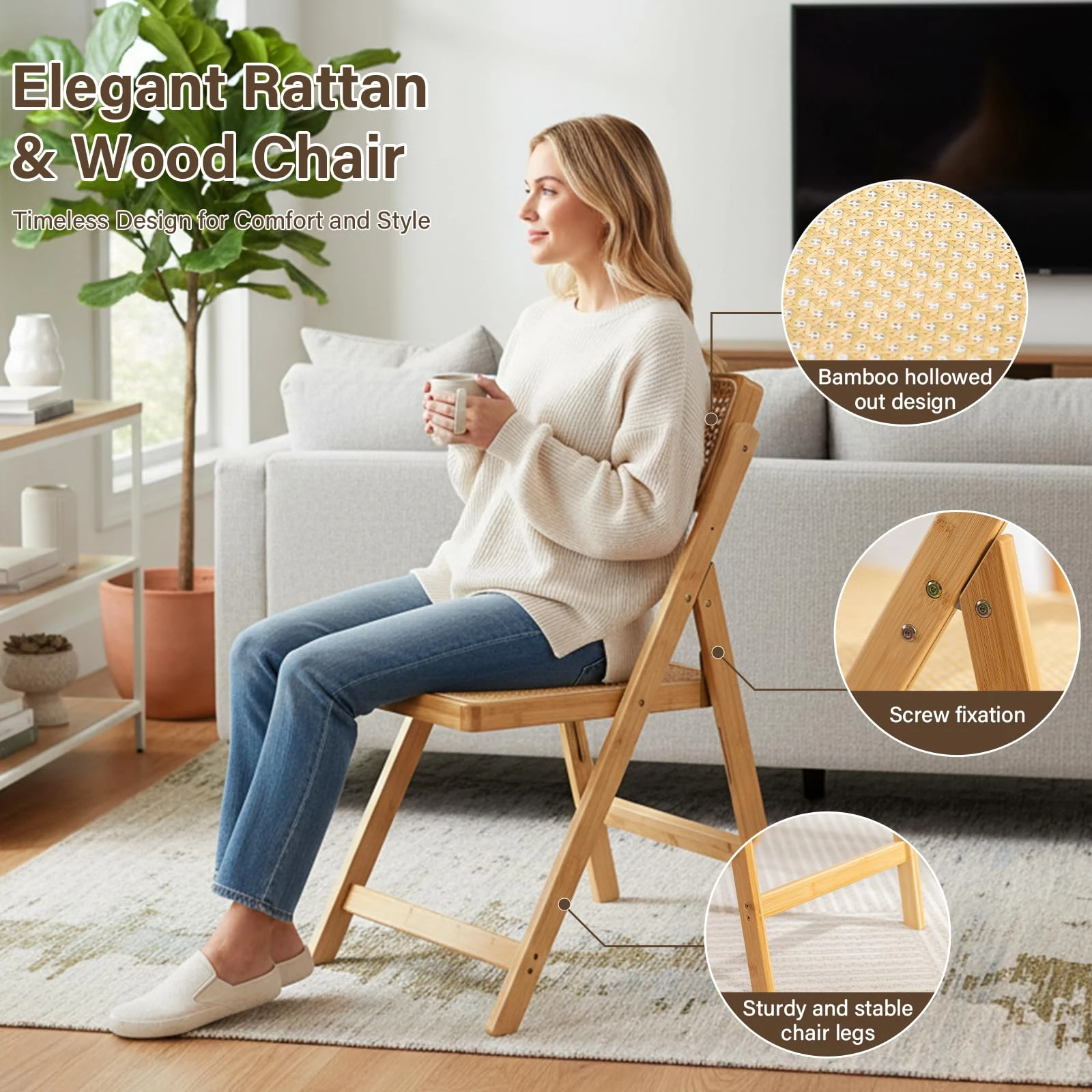 Sedia pieghevole in legno naturale con sedile e schienale in rattan