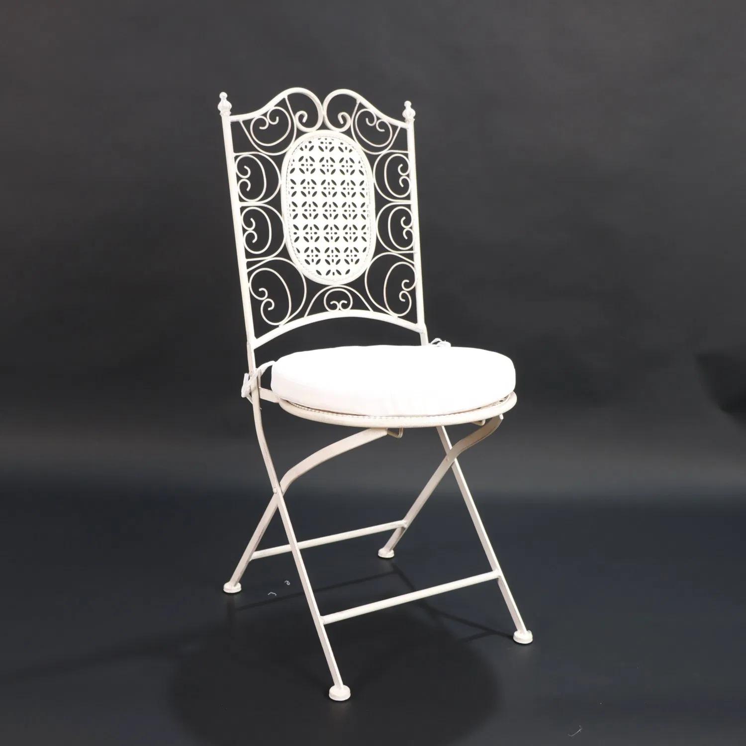 White Wrought Iron Bistro Folding Chair with Cushion