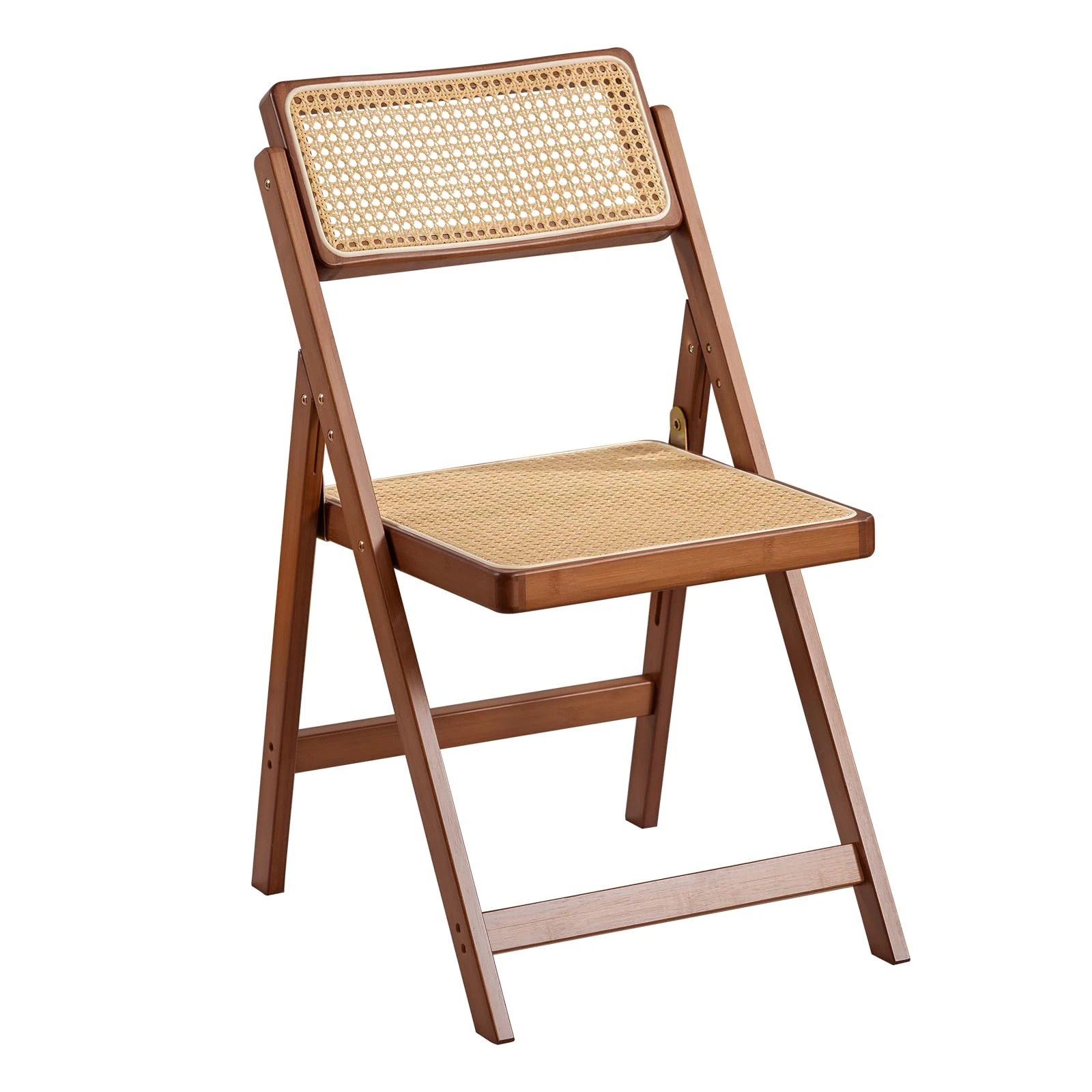 Sedia pieghevole in noce scuro con sedile e schienale in rattan