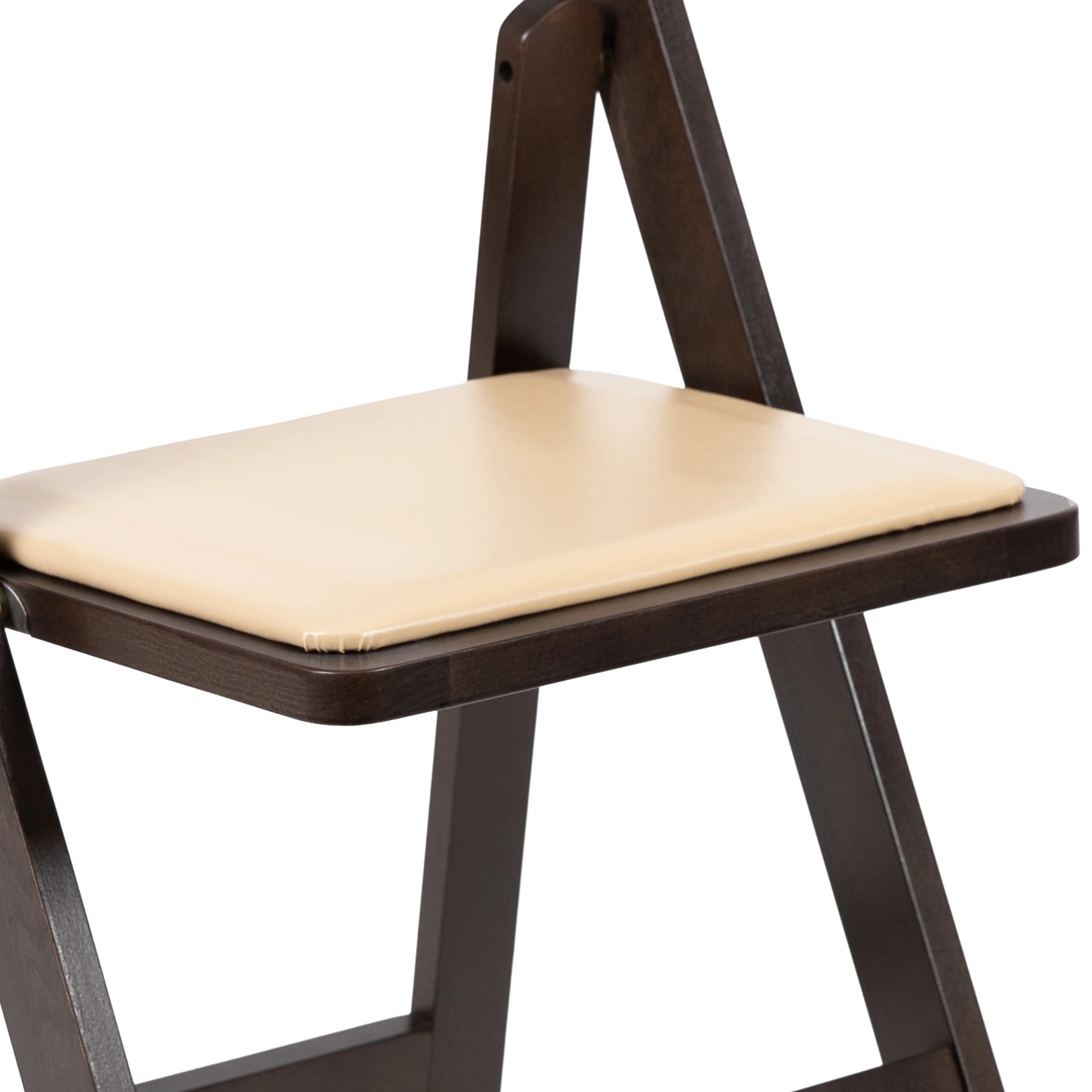 Sedia pieghevole in legno di mogano con seduta imbottita in vinile