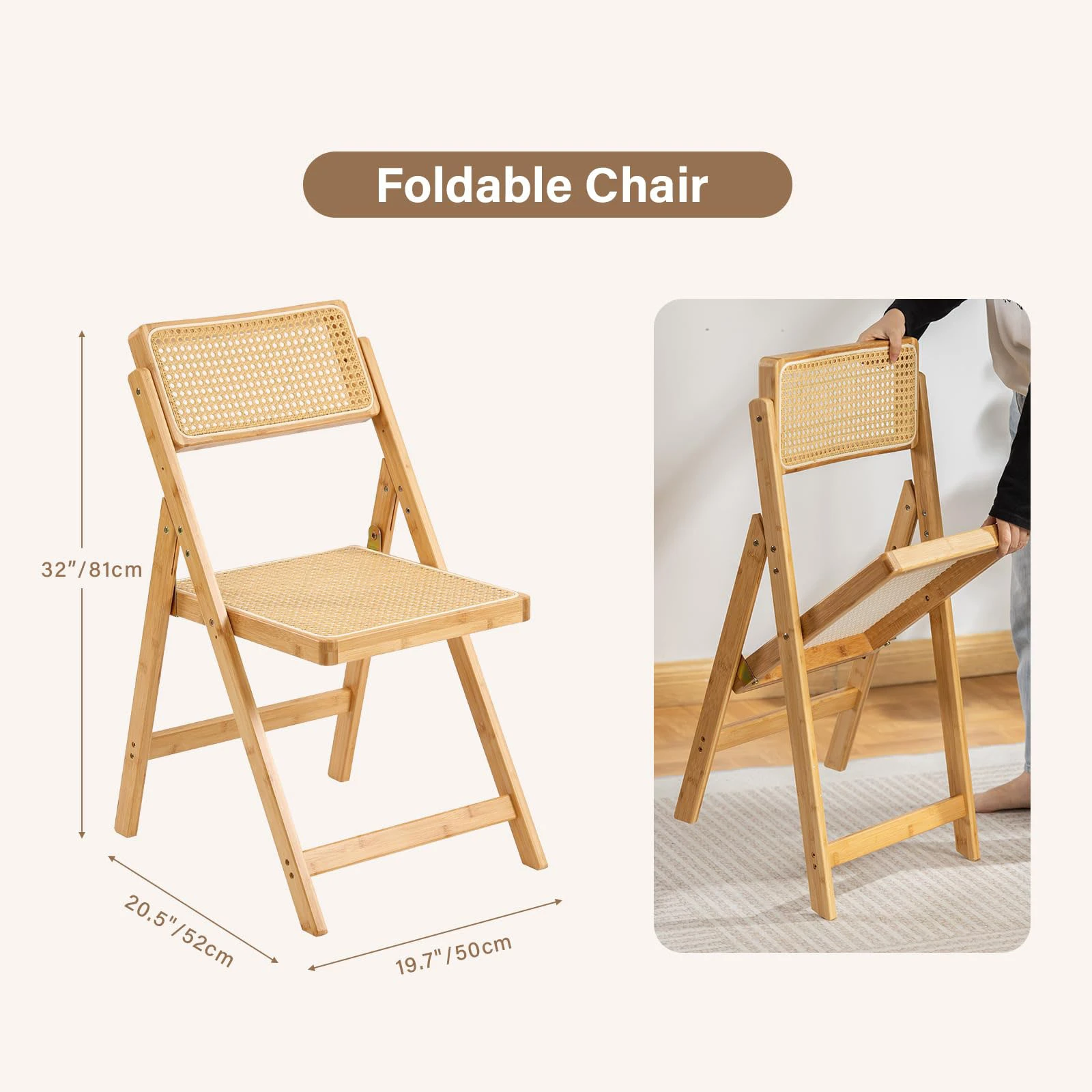 Sedia pieghevole in legno naturale con sedile e schienale in rattan
