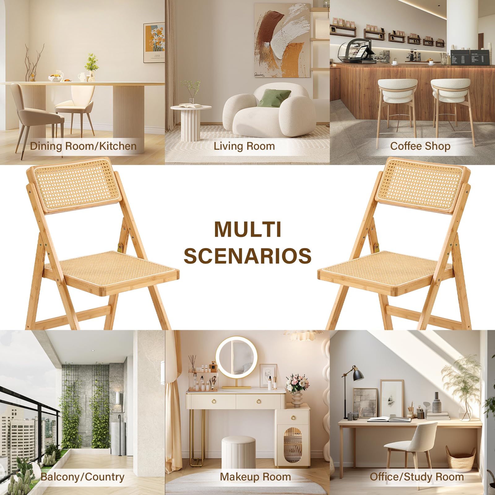 Natural Wood Folding Chair with Rattan Seat & Back