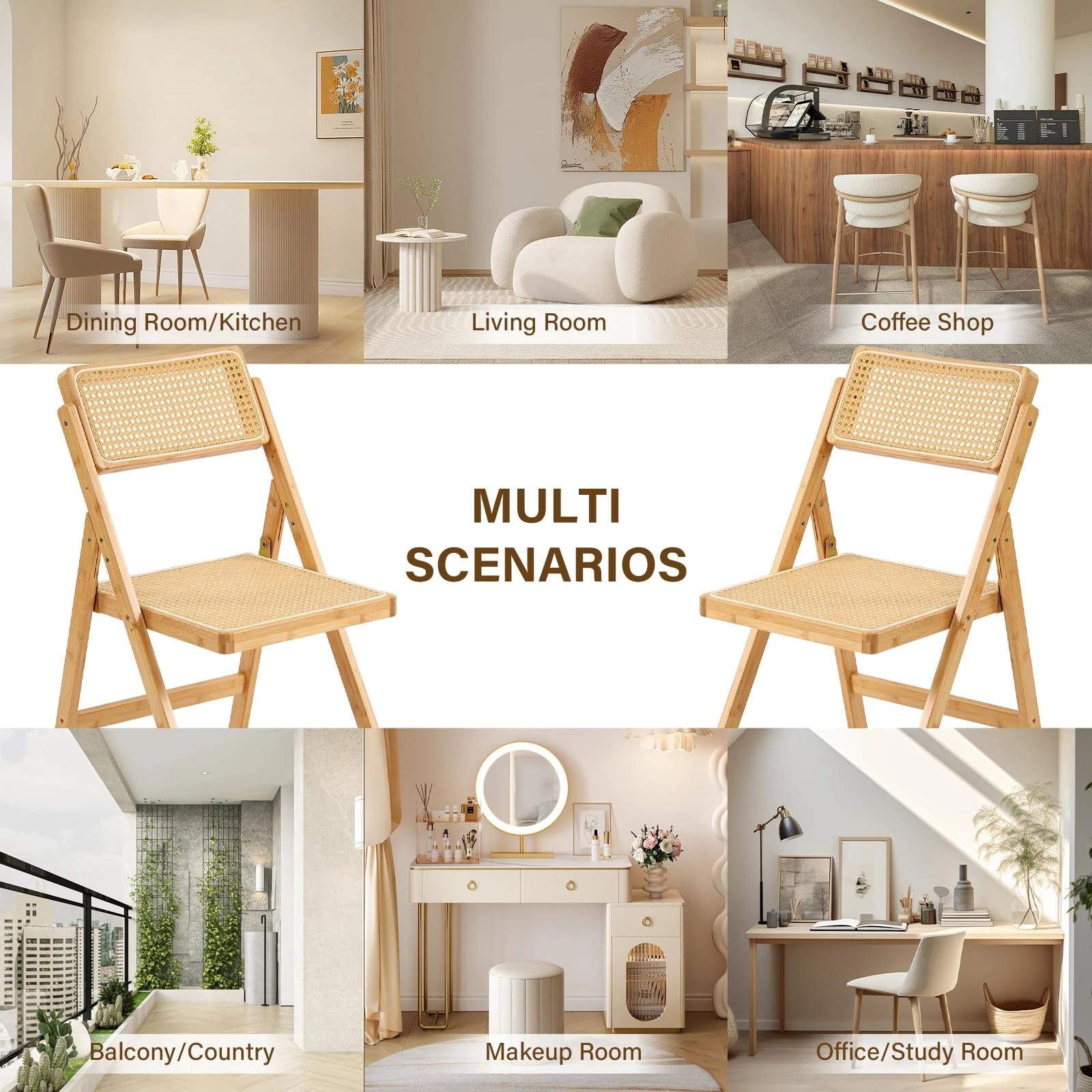 Sedia pieghevole in legno naturale con sedile e schienale in rattan