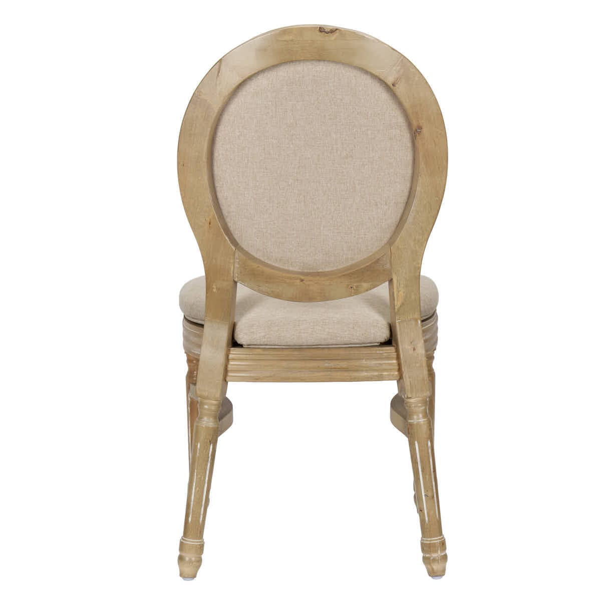 Antique Distressed Wood Louis Chair Rattan Back and Beige Tweed Fabric Seat